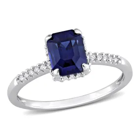 1 3/4 CT TGW Octagon Blue Sapphire and 1/7 CT TDW Diamond Halo Engagement Ring in 14K White Gold