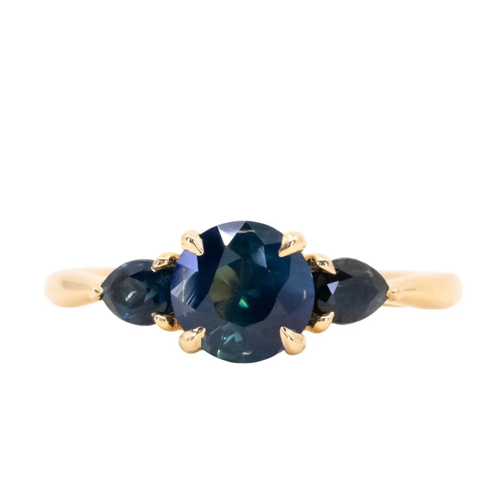 1.03ct Untreated Teal Nigerian Sapphire Three Stone Ring in 18K Yellow Gold