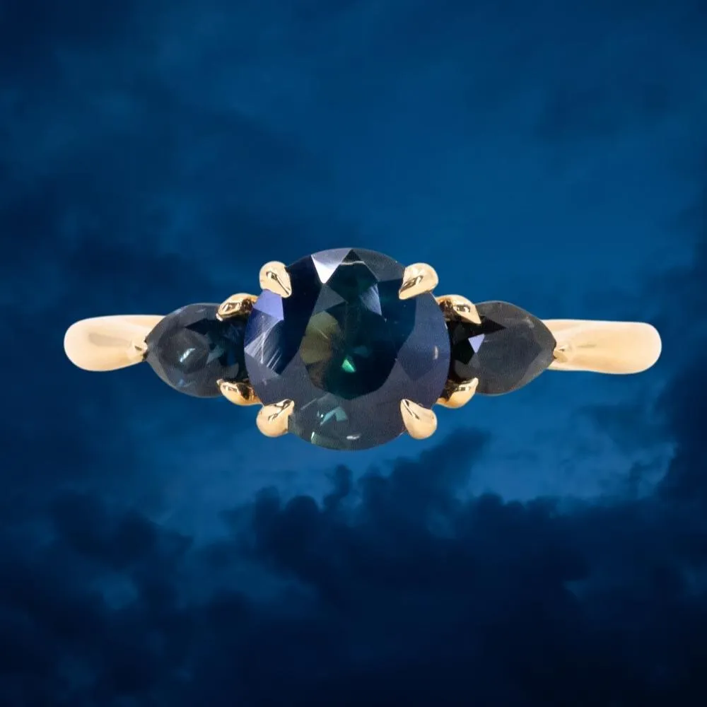 1.03ct Untreated Teal Nigerian Sapphire Three Stone Ring in 18K Yellow Gold