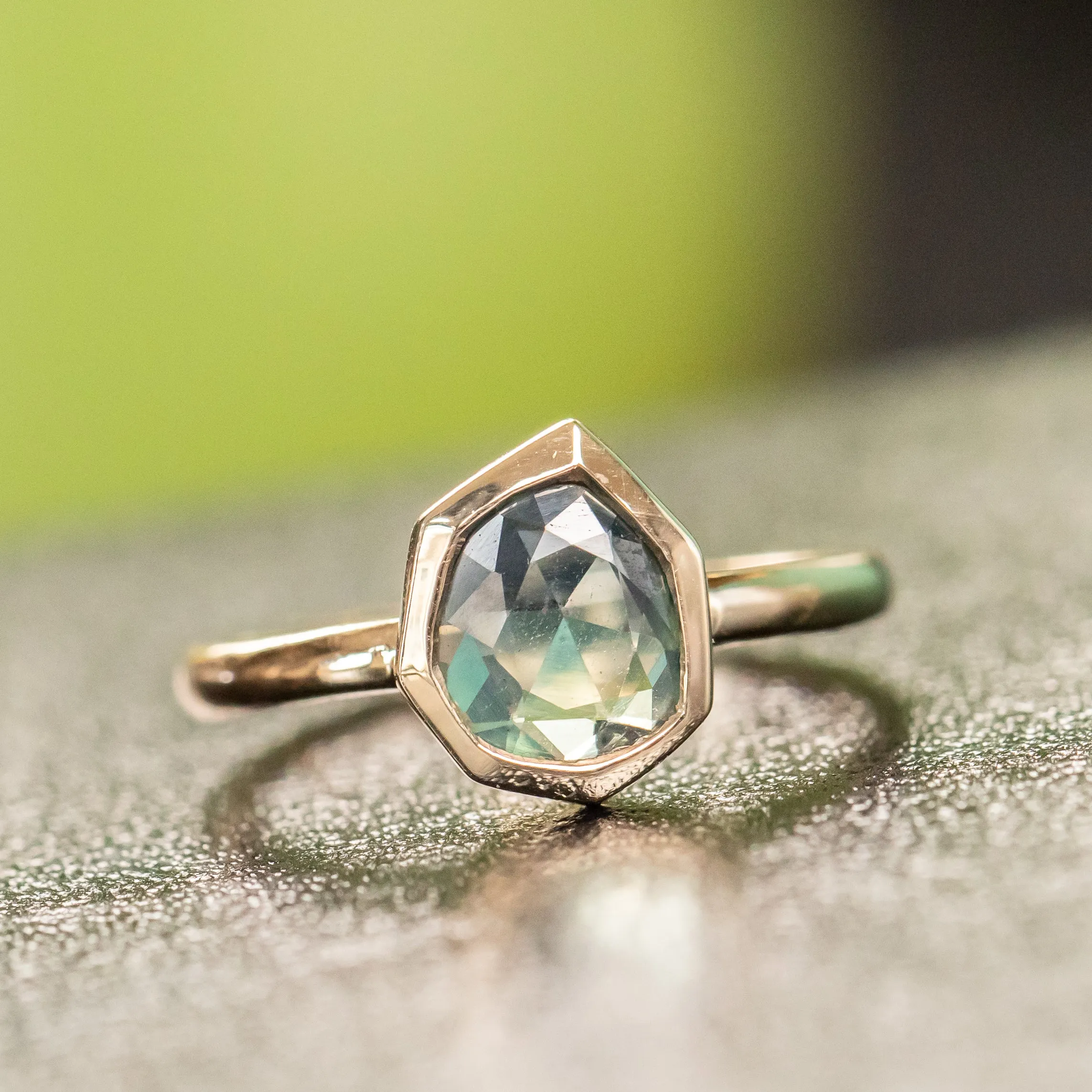 1.04ct Geo Slice Parti Blue-Green Sapphire Low Profile Bezel Solitaire Ring in 14k Yellow Gold