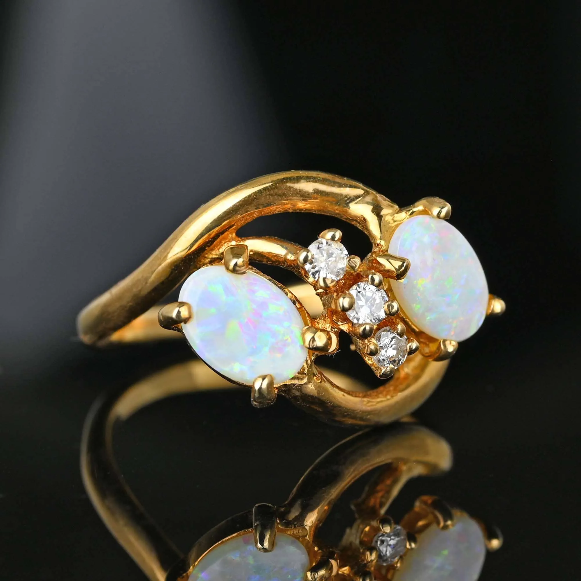 14K Gold Bypass Diamond Toi Et Moi Opal Cocktail Ring