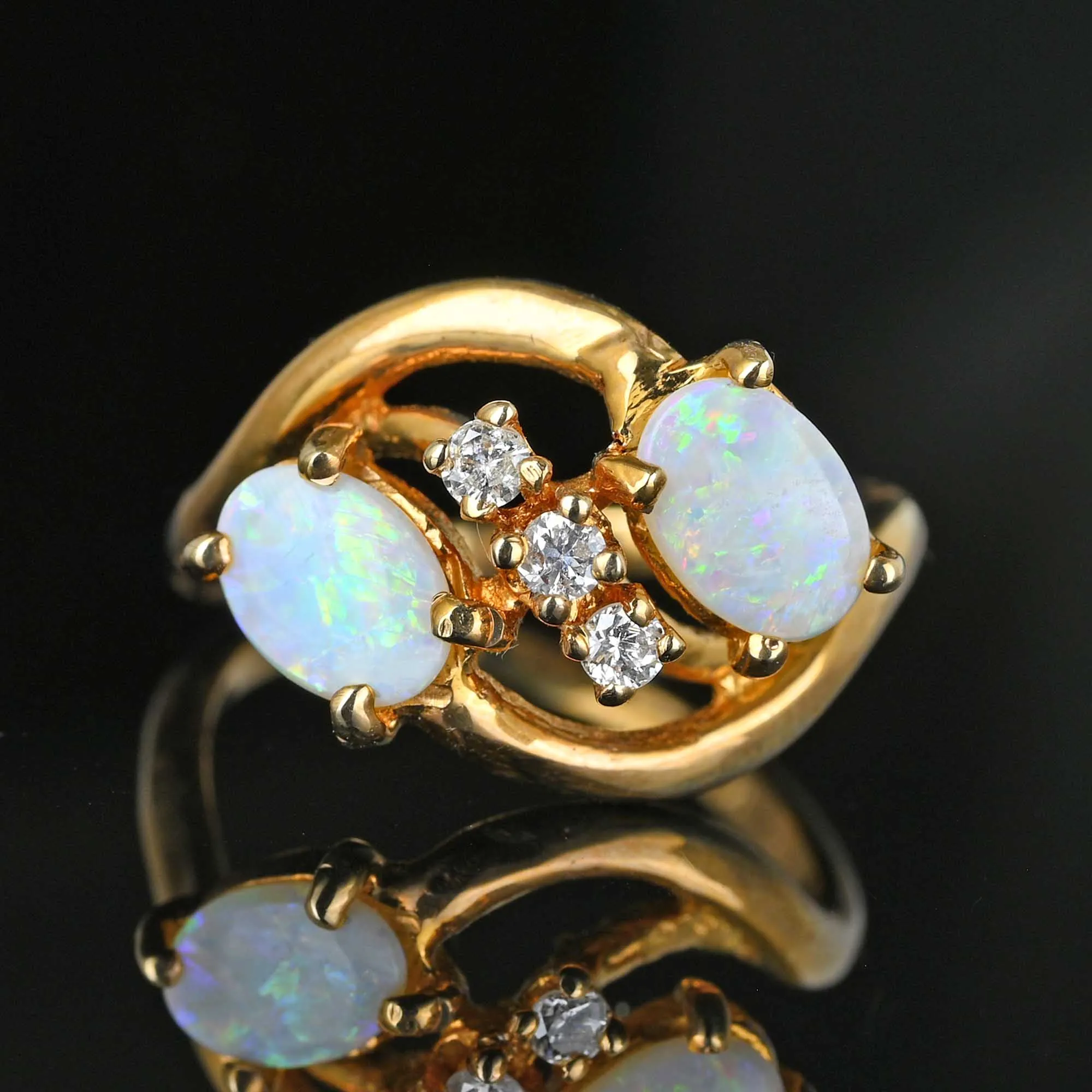 14K Gold Bypass Diamond Toi Et Moi Opal Cocktail Ring