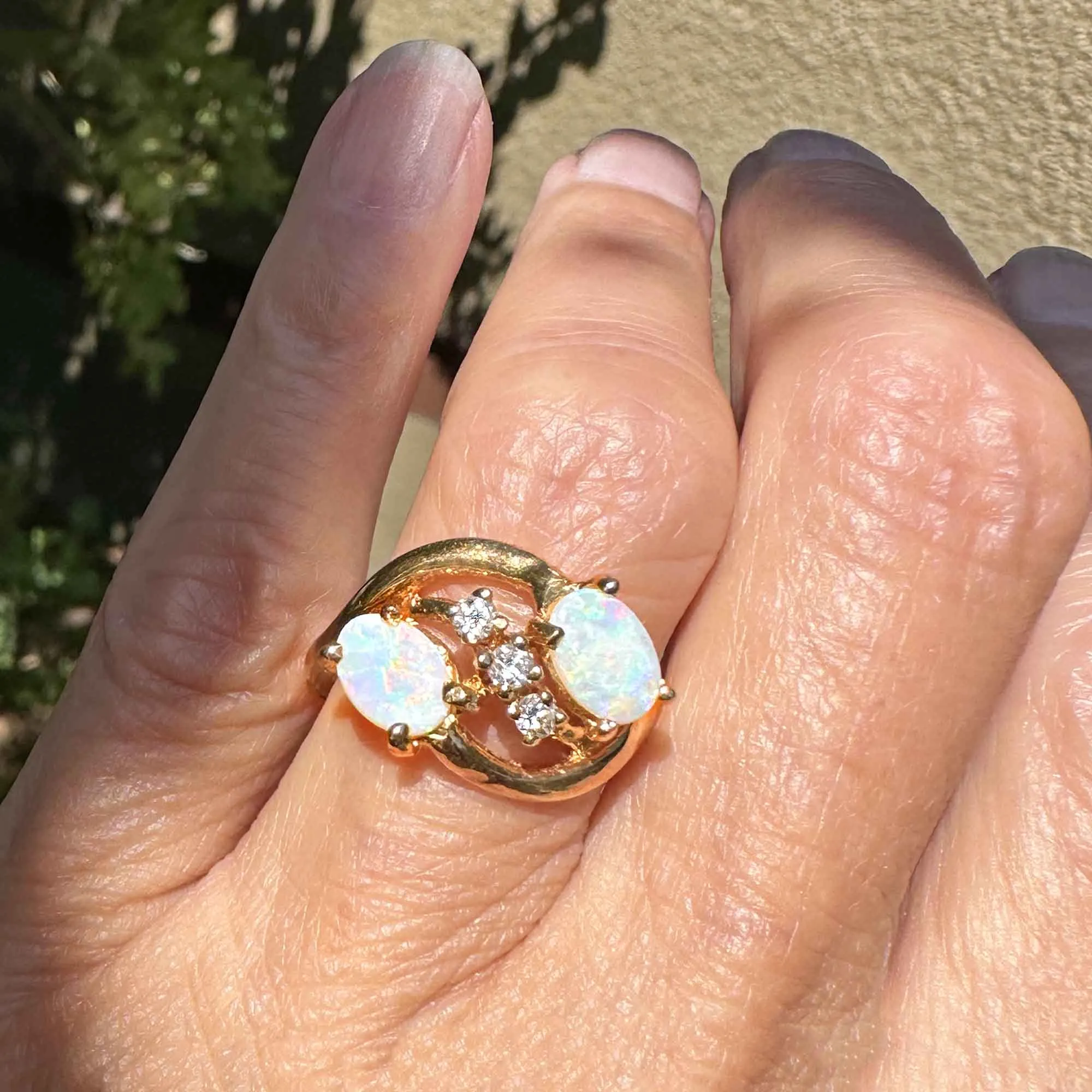 14K Gold Bypass Diamond Toi Et Moi Opal Cocktail Ring