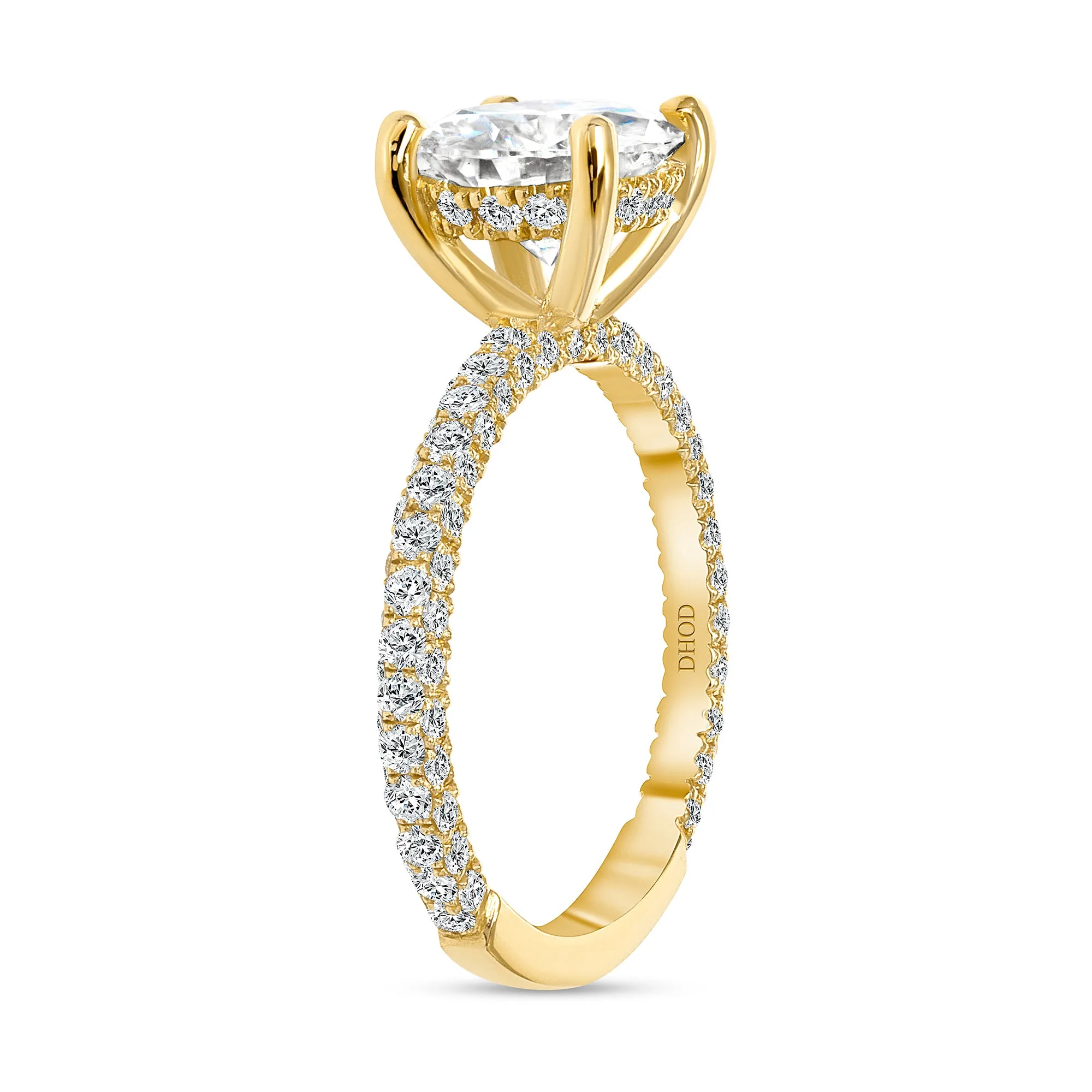 14K Gold Diamond Under Halo with 2 Carat Round Brilliant Forever One Moissanite Engagement Ring (NO Diamond Prongs)