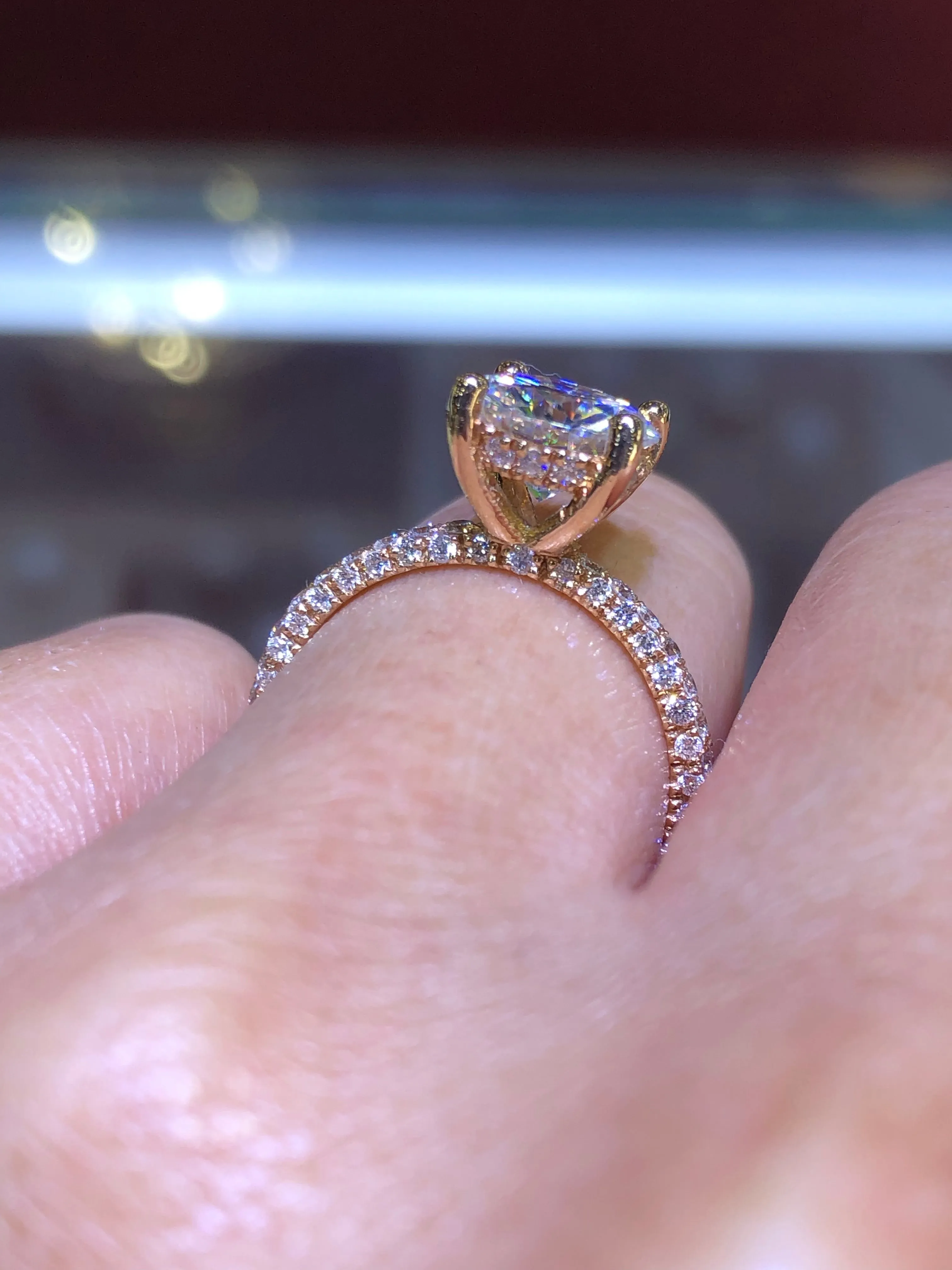 14K Gold Diamond Under Halo with 2 Carat Round Brilliant Forever One Moissanite Engagement Ring (NO Diamond Prongs)