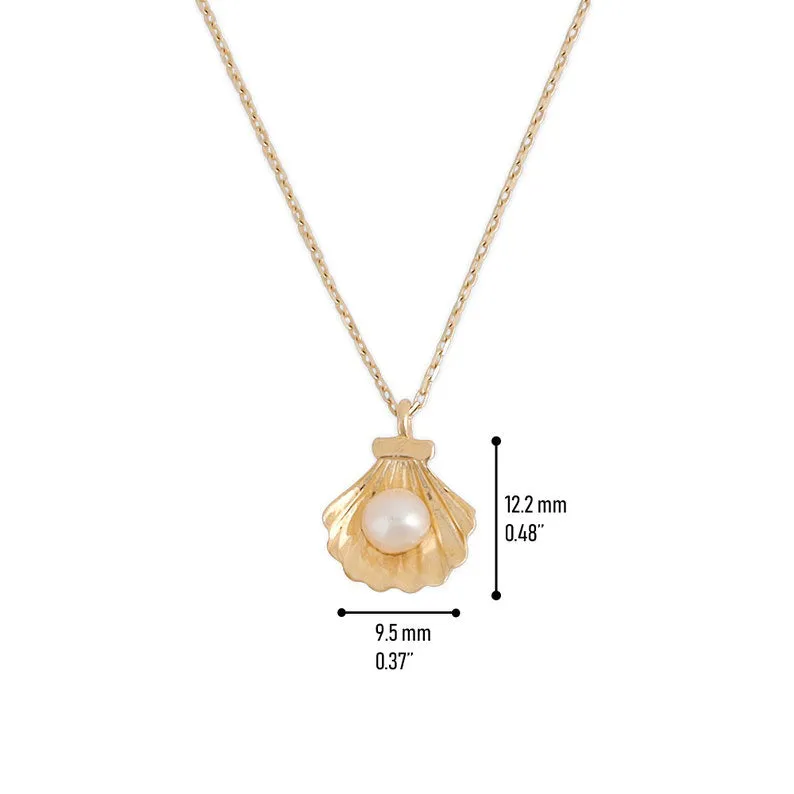 14K Gold Pearl in SeaShell Pendant Cockle Shell Necklace Pearl in Oyster Clam Oceanic Nautical Charm Pendant Gold Chain Necklace