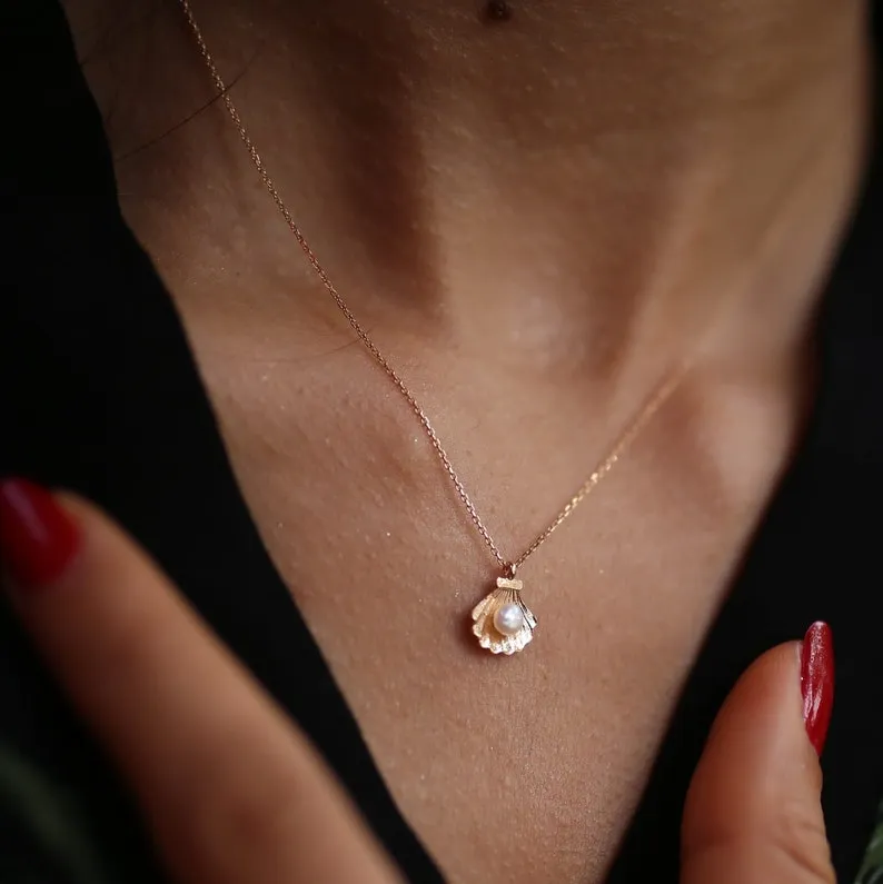 14K Gold Pearl in SeaShell Pendant Cockle Shell Necklace Pearl in Oyster Clam Oceanic Nautical Charm Pendant Gold Chain Necklace