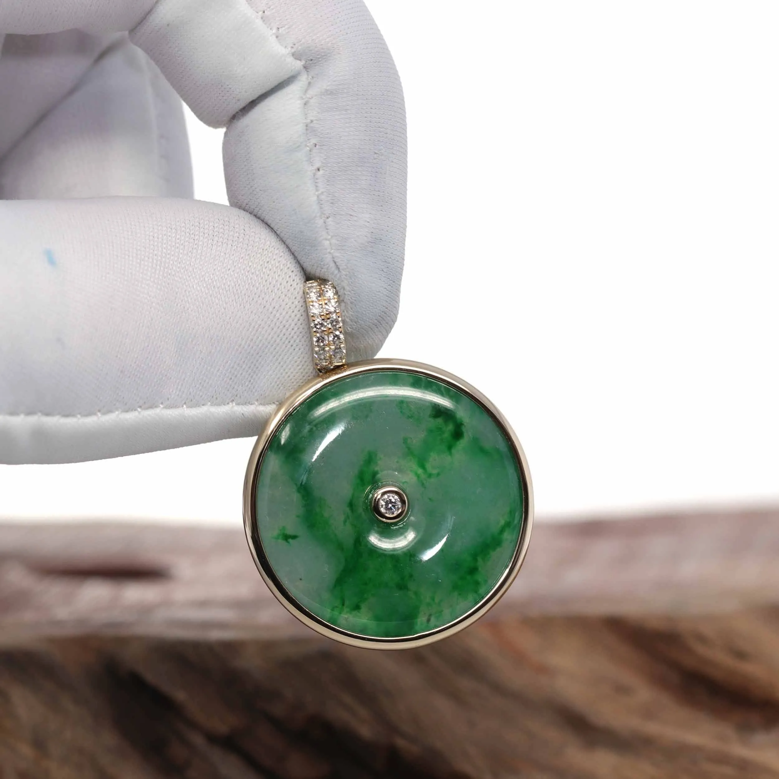 14K Gold "Good Luck Button" Necklace Ice Green Jadeite Jade Lucky KouKou Pendant Necklace