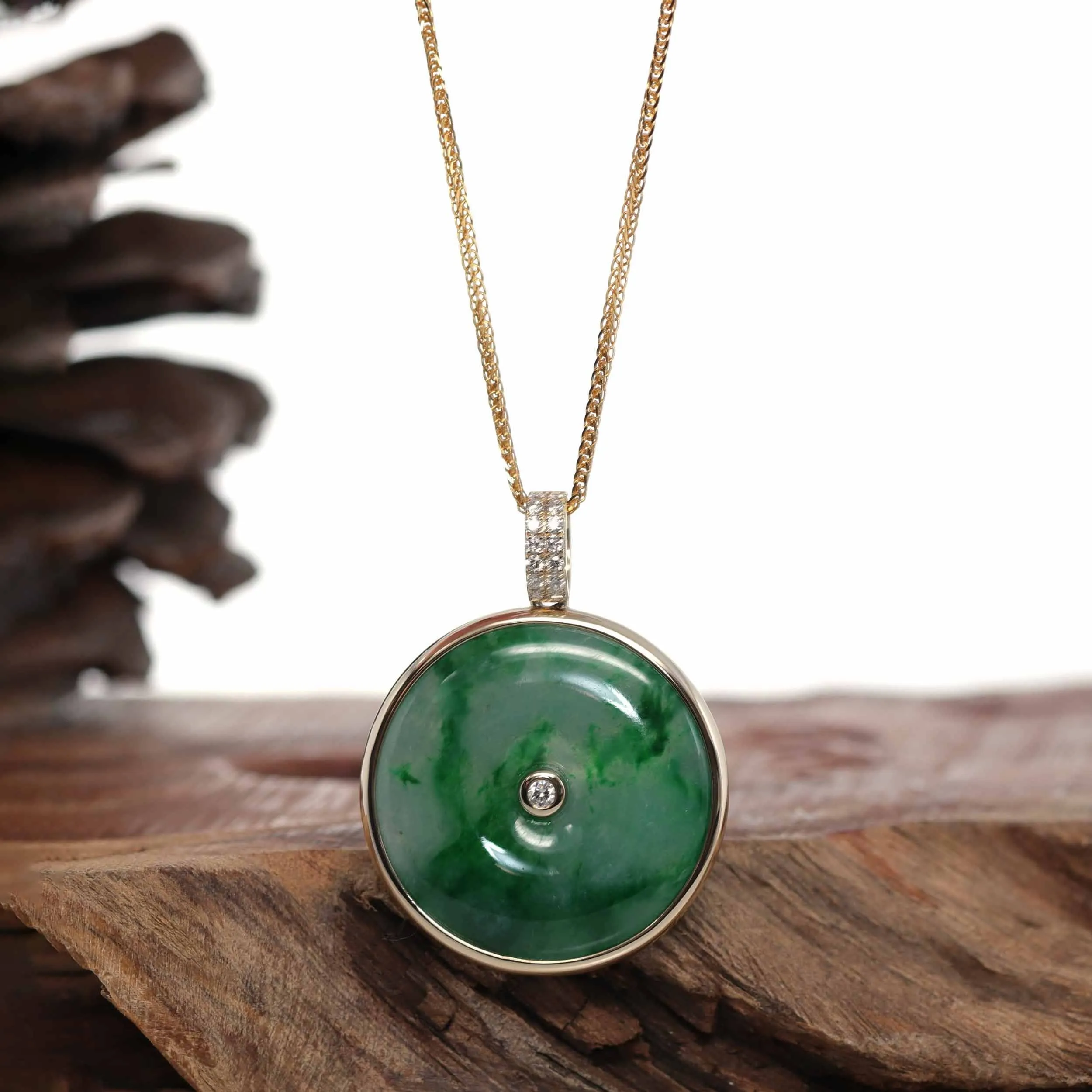 14K Gold "Good Luck Button" Necklace Ice Green Jadeite Jade Lucky KouKou Pendant Necklace