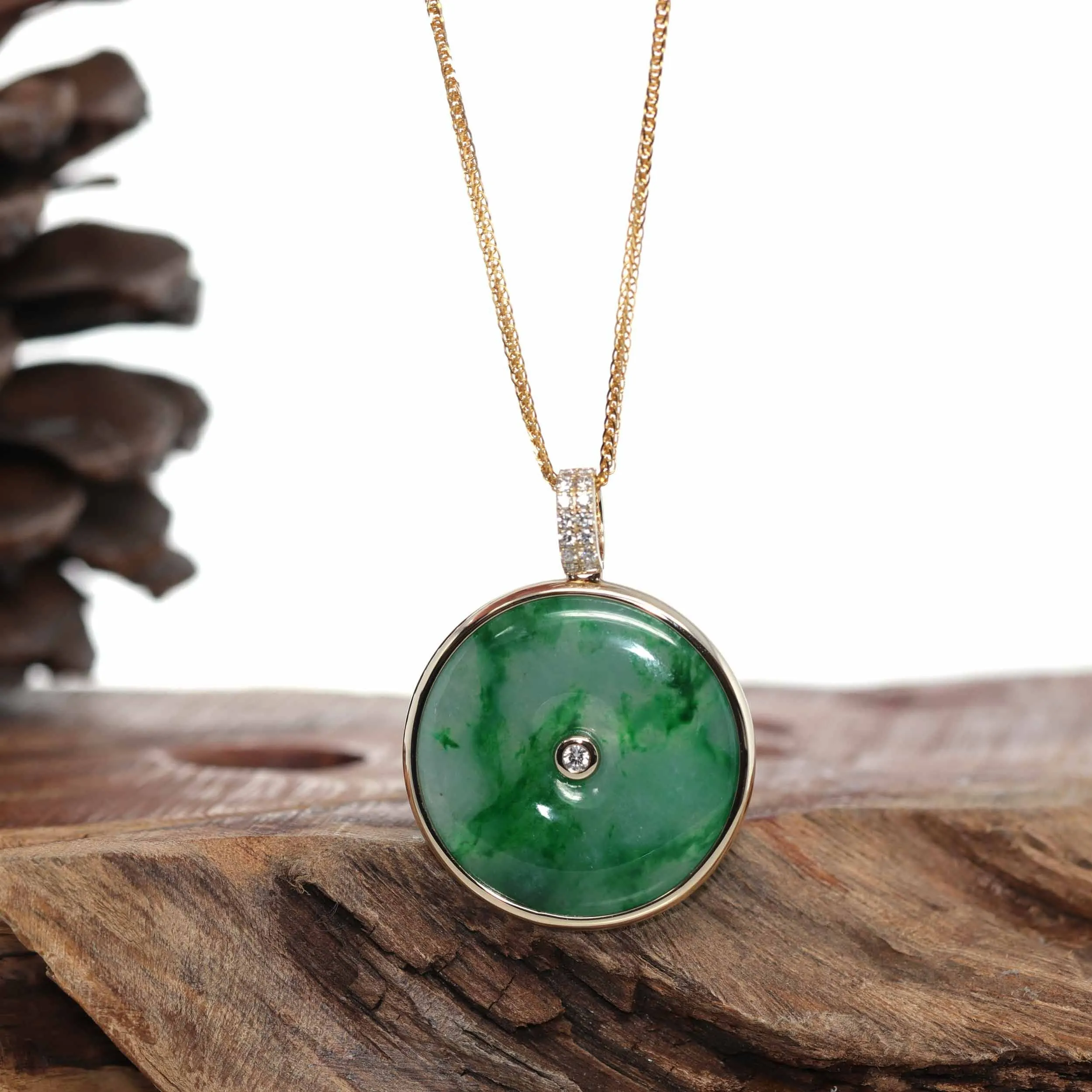 14K Gold "Good Luck Button" Necklace Ice Green Jadeite Jade Lucky KouKou Pendant Necklace