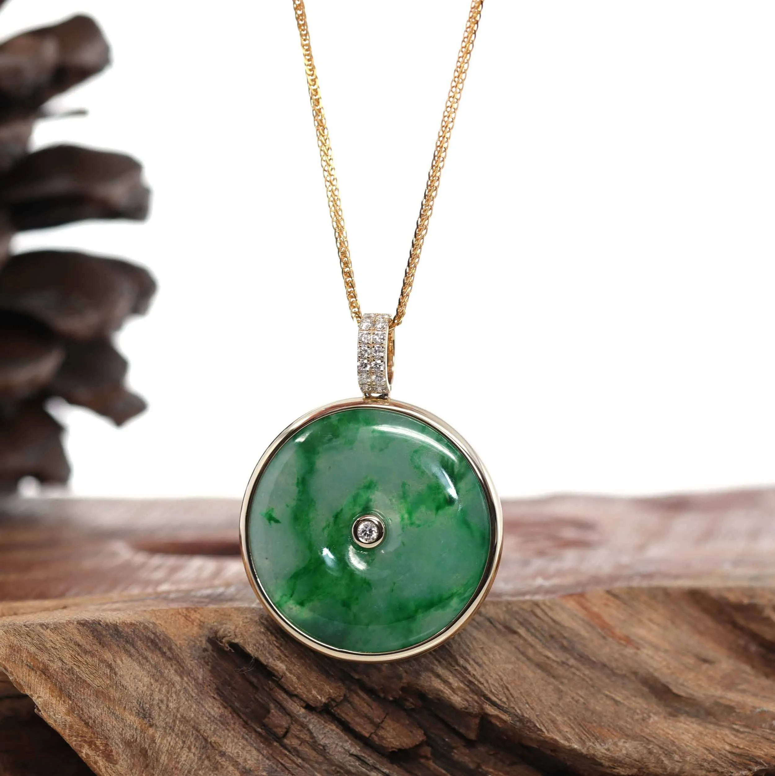 14K Gold "Good Luck Button" Necklace Ice Green Jadeite Jade Lucky KouKou Pendant Necklace