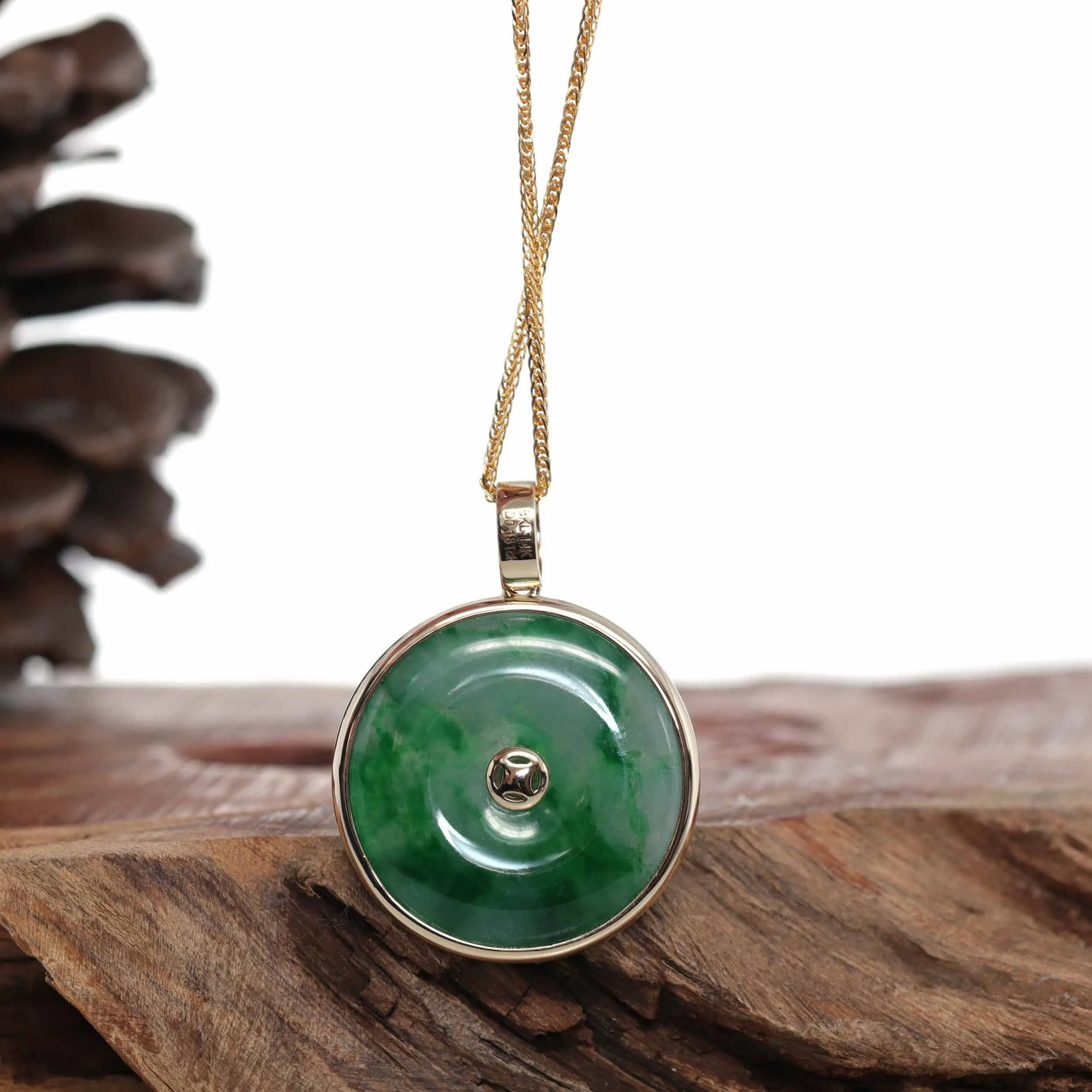 14K Gold "Good Luck Button" Necklace Ice Green Jadeite Jade Lucky KouKou Pendant Necklace