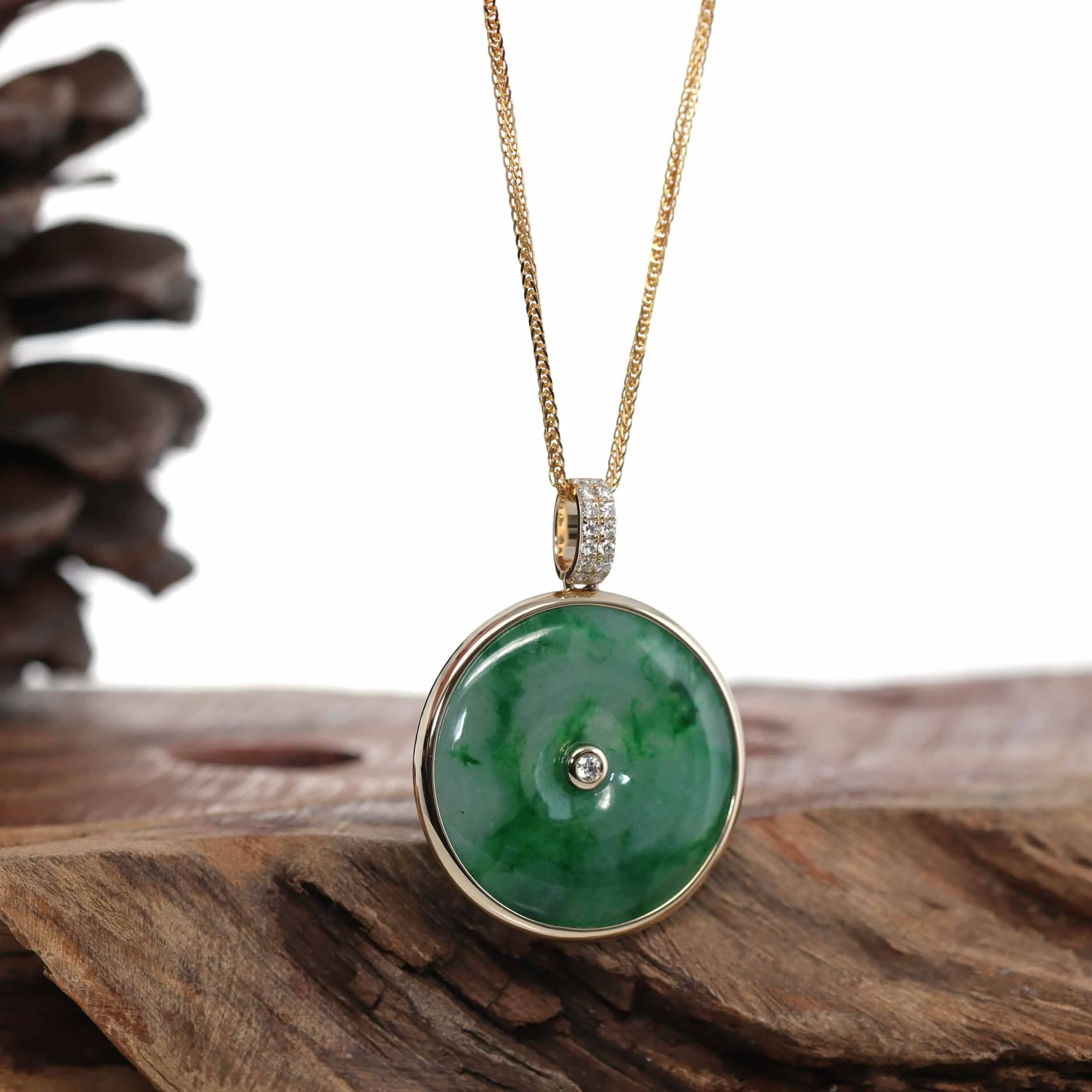 14K Gold "Good Luck Button" Necklace Ice Green Jadeite Jade Lucky KouKou Pendant Necklace