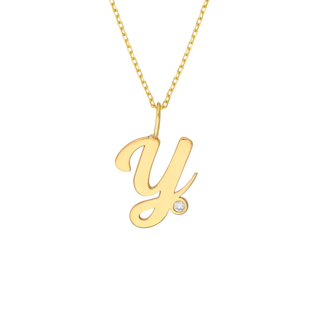 14K Gold Script Initial Diamond Bezel Pendant