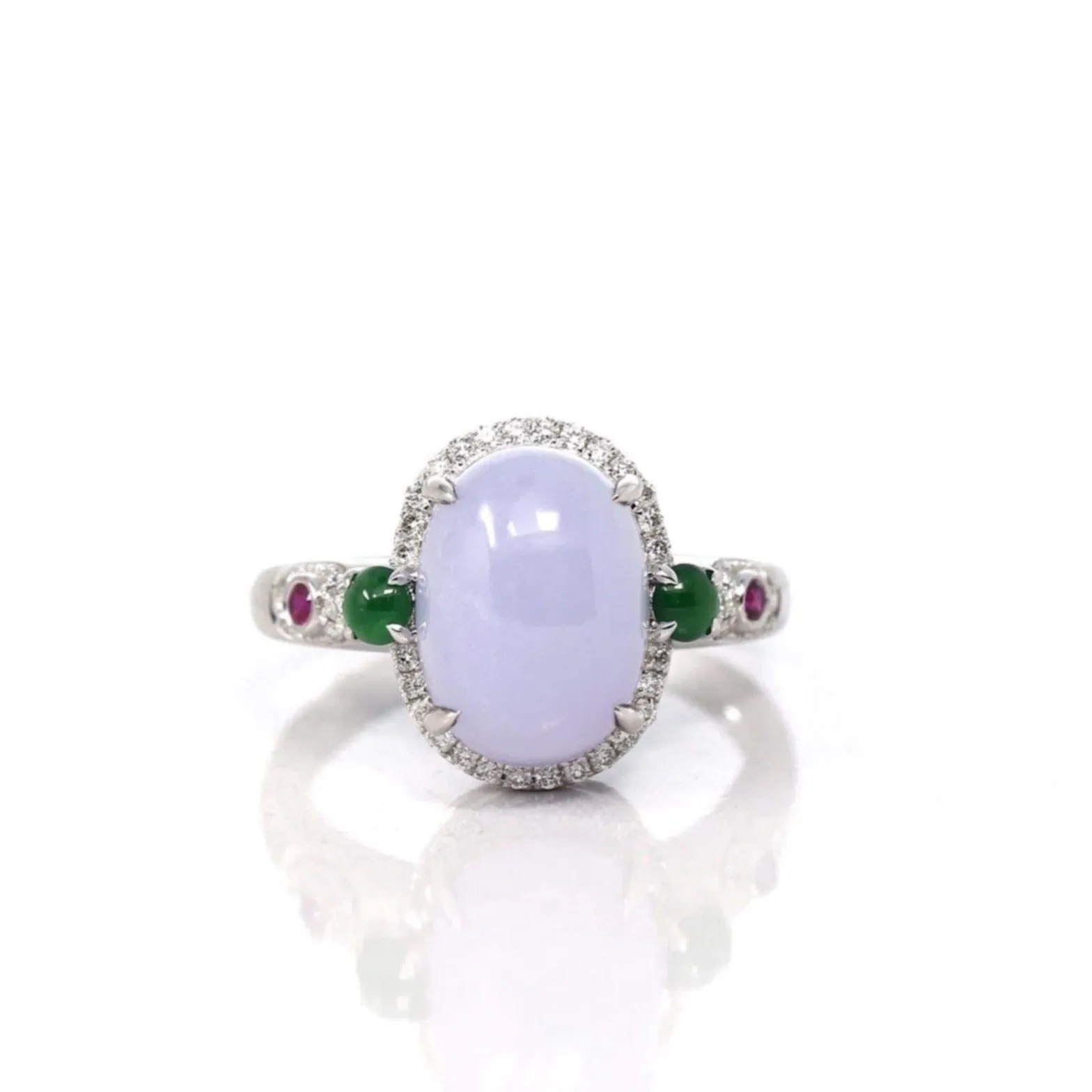 14k White Gold Natural Rich Lavender Oval Jadeite Jade Engagement Ring With Diamonds