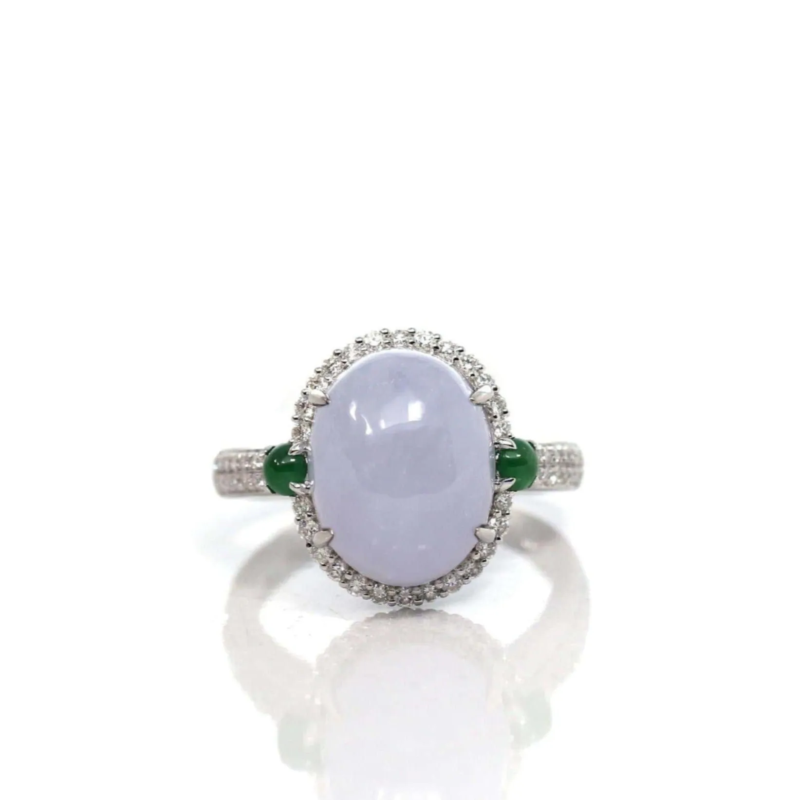 14k White Gold Natural Rich Lavender Oval Jadeite Jade Engagement Ring With Diamonds