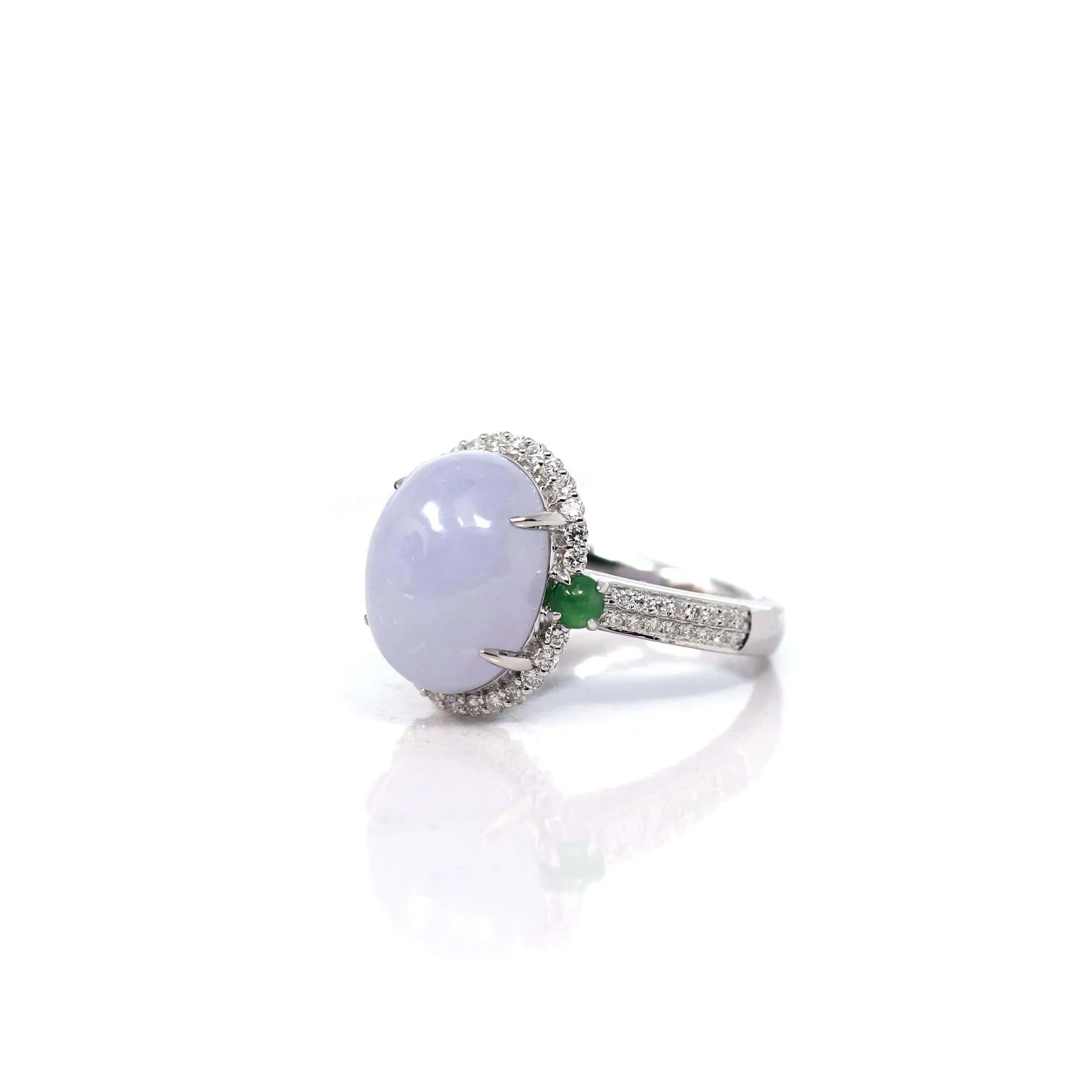 14k White Gold Natural Rich Lavender Oval Jadeite Jade Engagement Ring With Diamonds