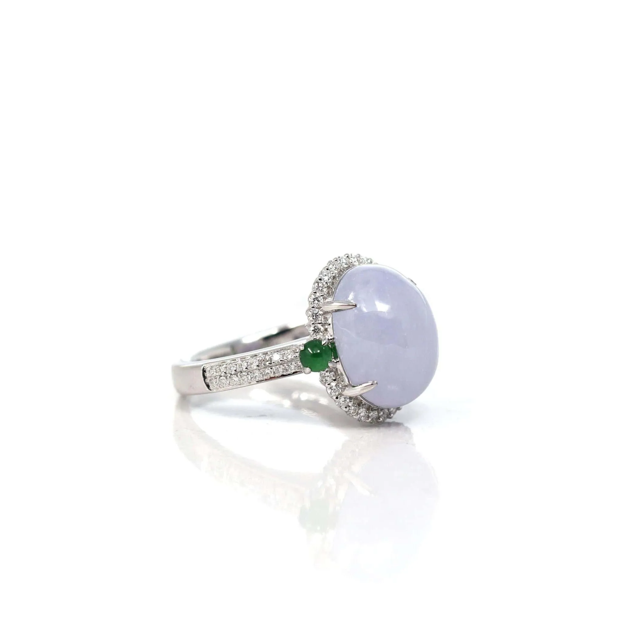 14k White Gold Natural Rich Lavender Oval Jadeite Jade Engagement Ring With Diamonds