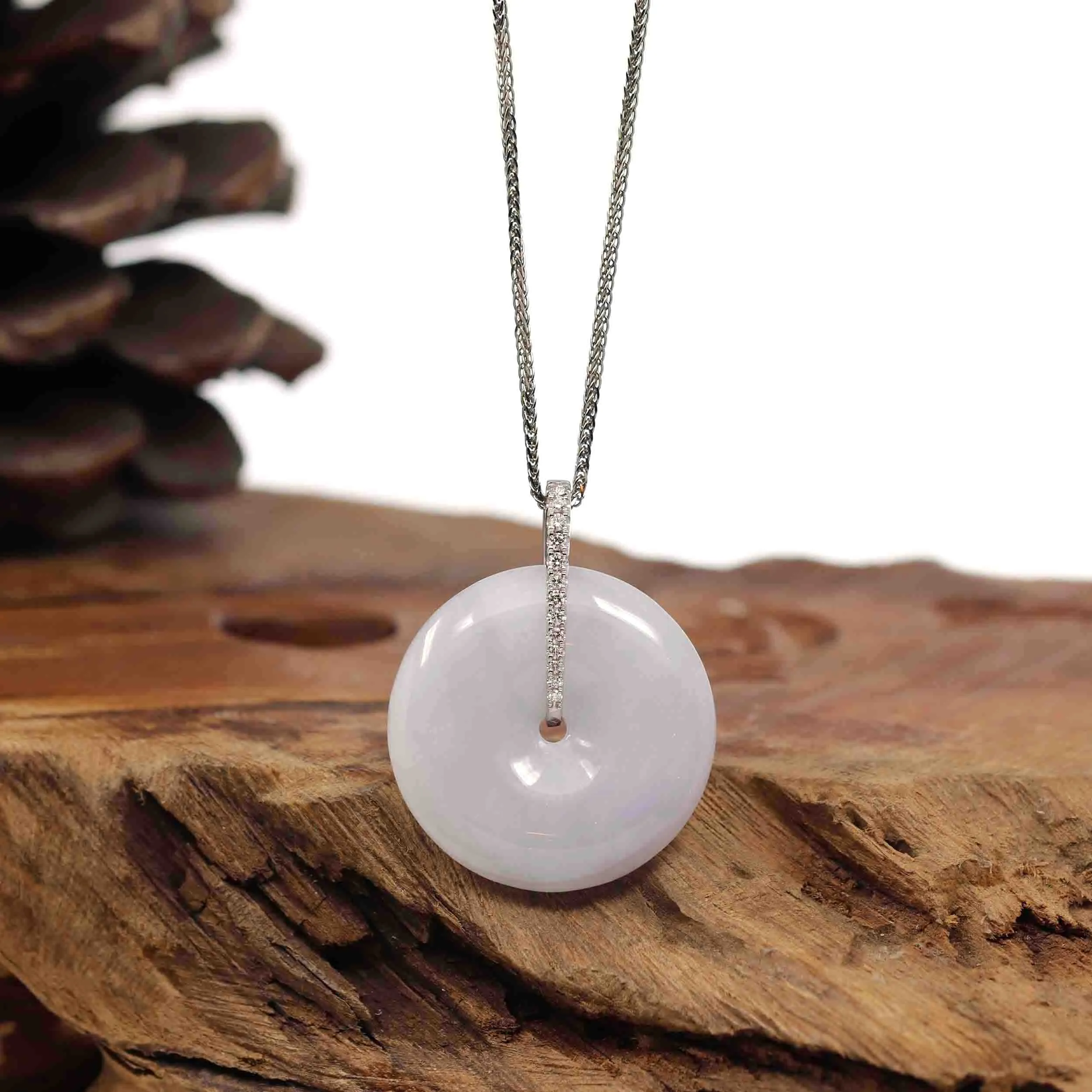 14K White Gold "Good Luck Button" Necklace Ice Lavender Jadeite Jade Pendant Necklace