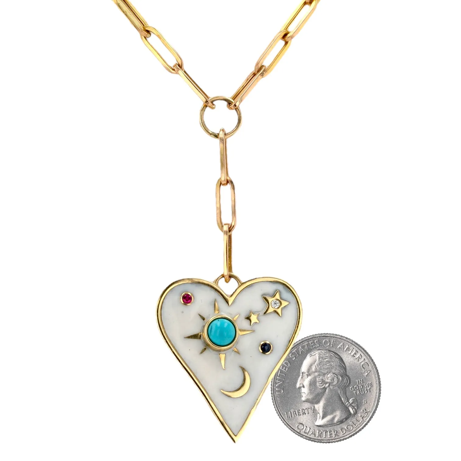 14K Yellow gold astral heart white enamel pendant paper clips choker-528282