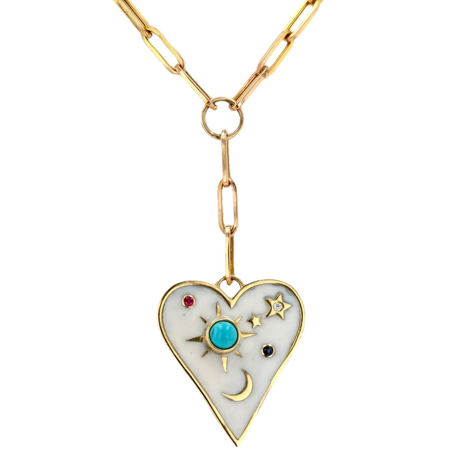 14K Yellow gold astral heart white enamel pendant paper clips choker-528282