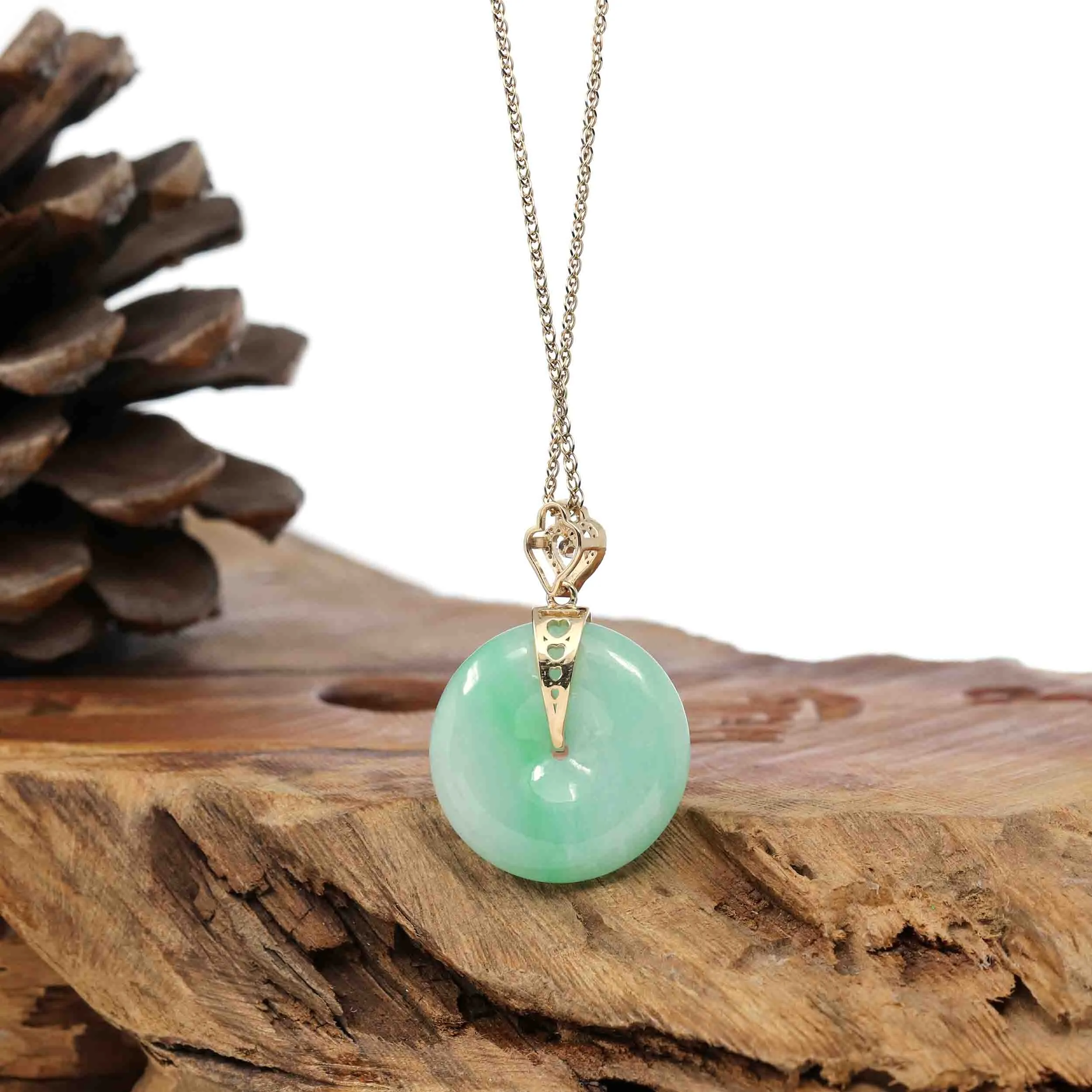 14K Yellow Gold "Good Luck Button" Necklace Green Jadeite Jade Lucky KouKou Pendant Necklace