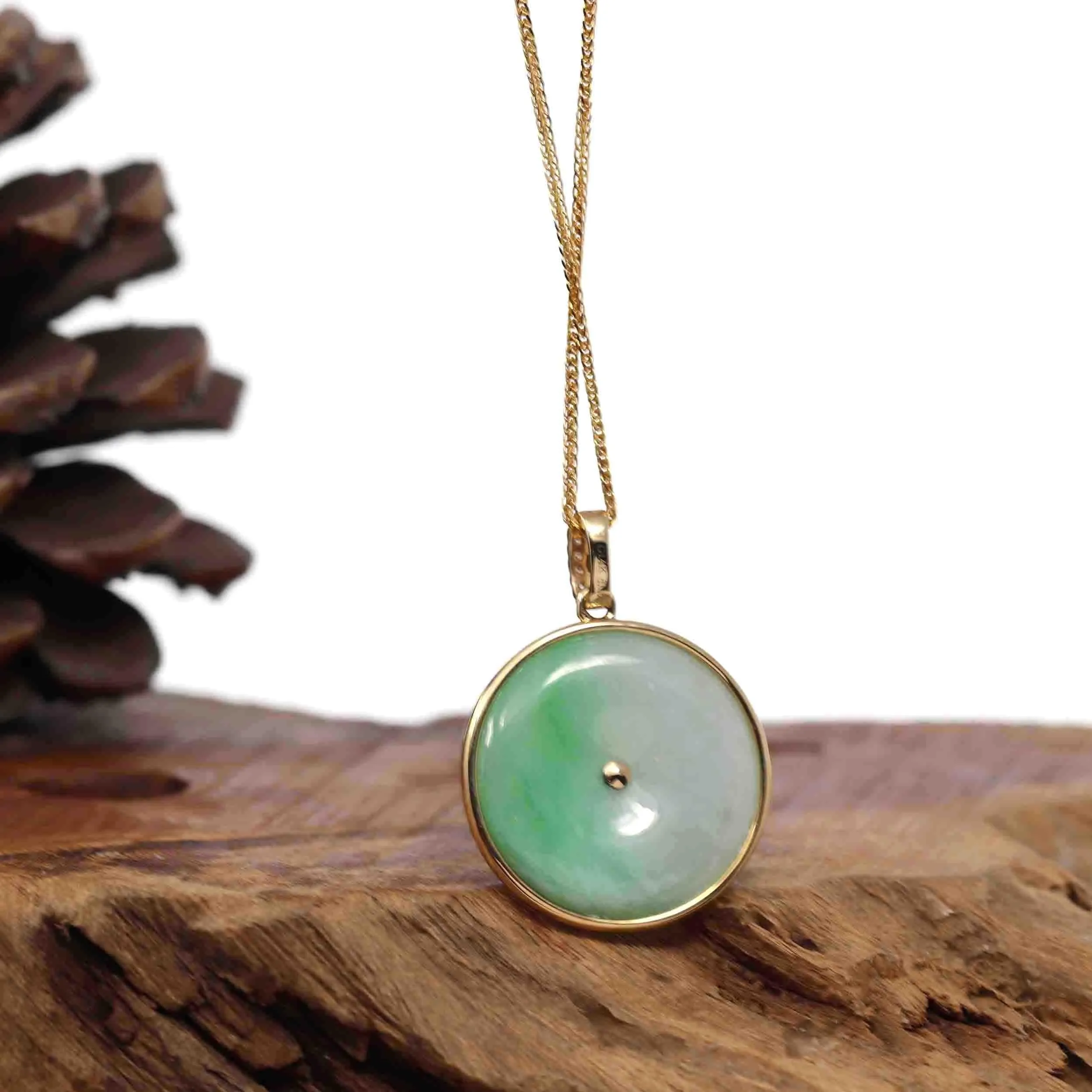 14K Yellow Gold "Good Luck Button" Necklace Ice Green Jadeite Jade Lucky KouKou Pendant Necklace