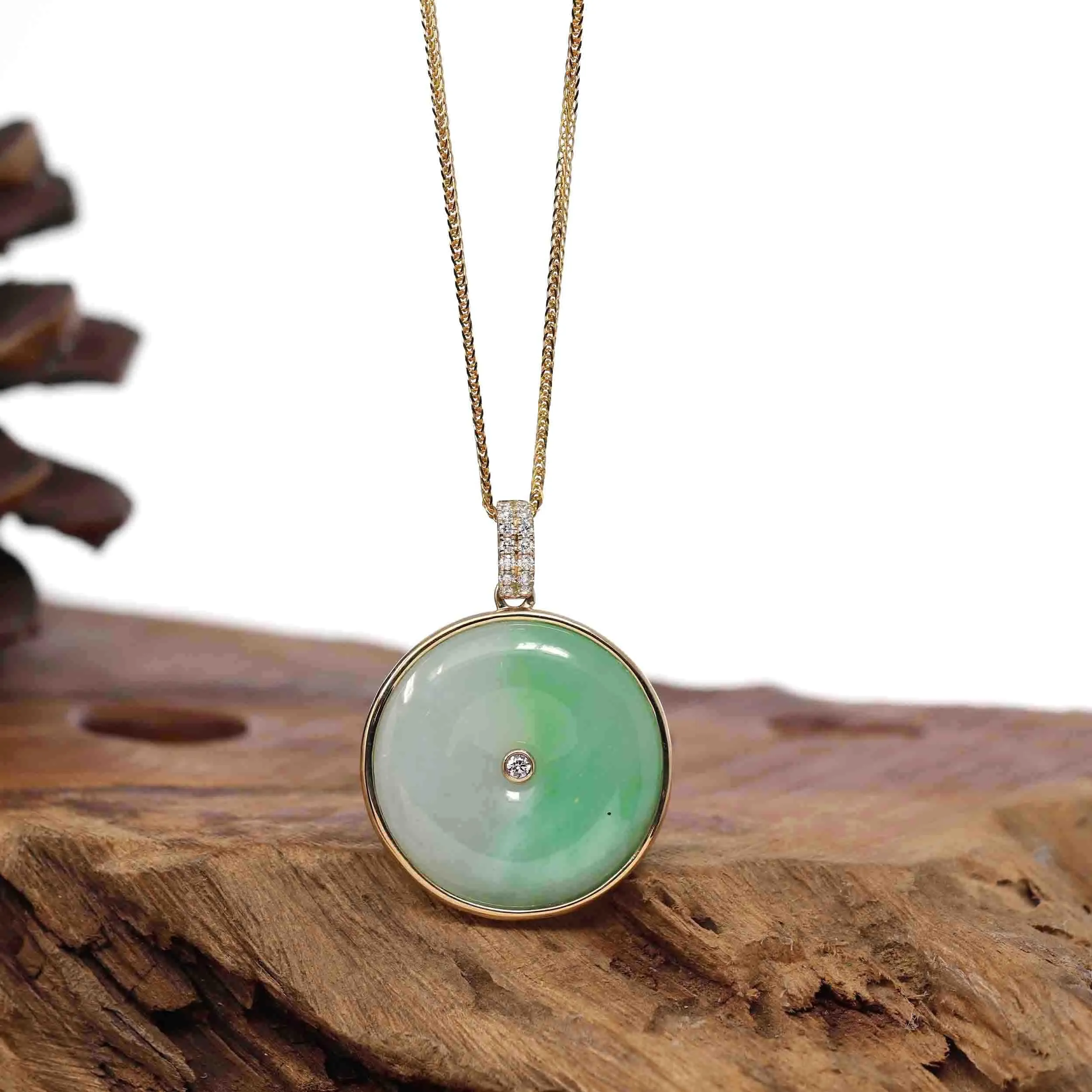 14K Yellow Gold "Good Luck Button" Necklace Ice Green Jadeite Jade Lucky KouKou Pendant Necklace