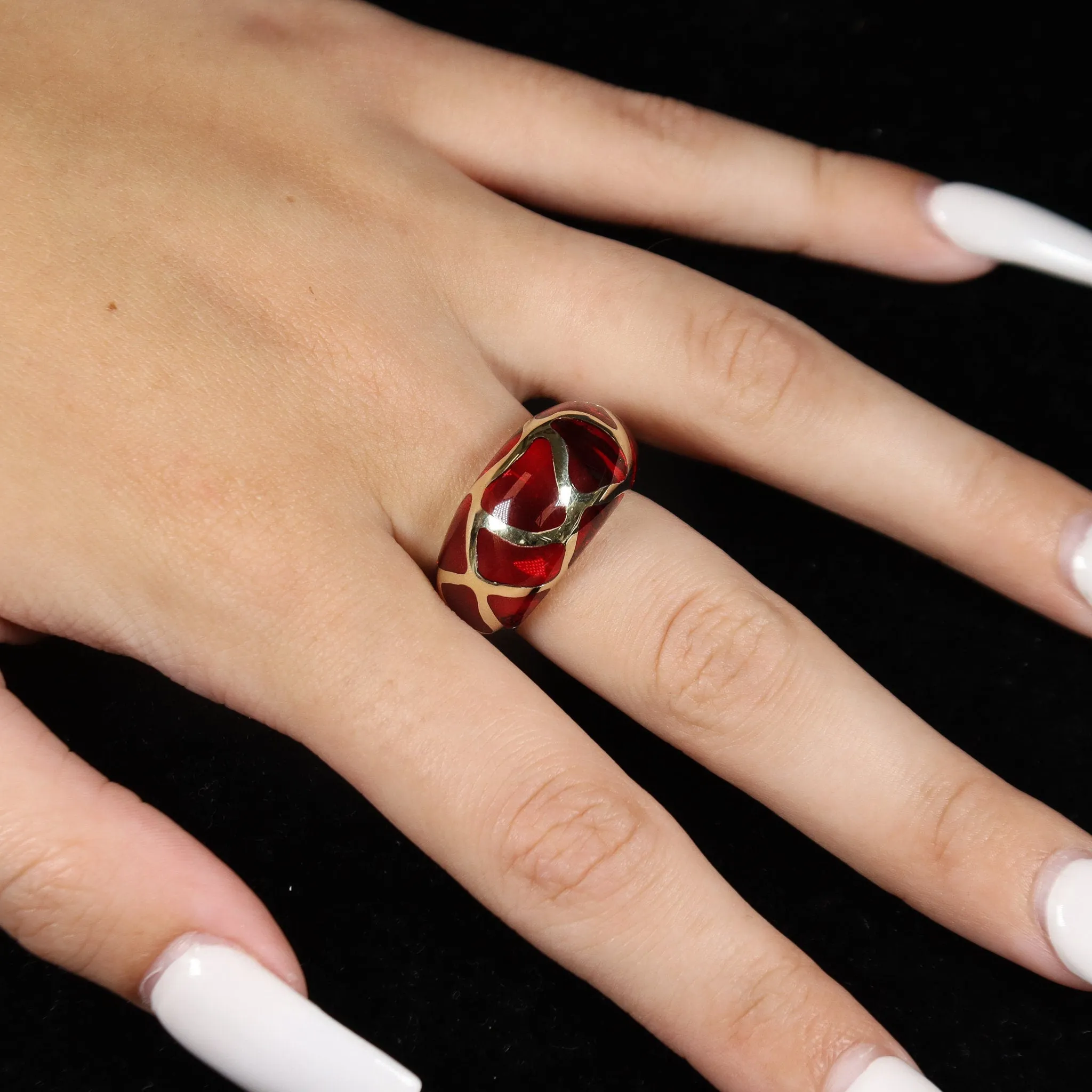 14k Yellow Gold Red Jade Cocktail Ring