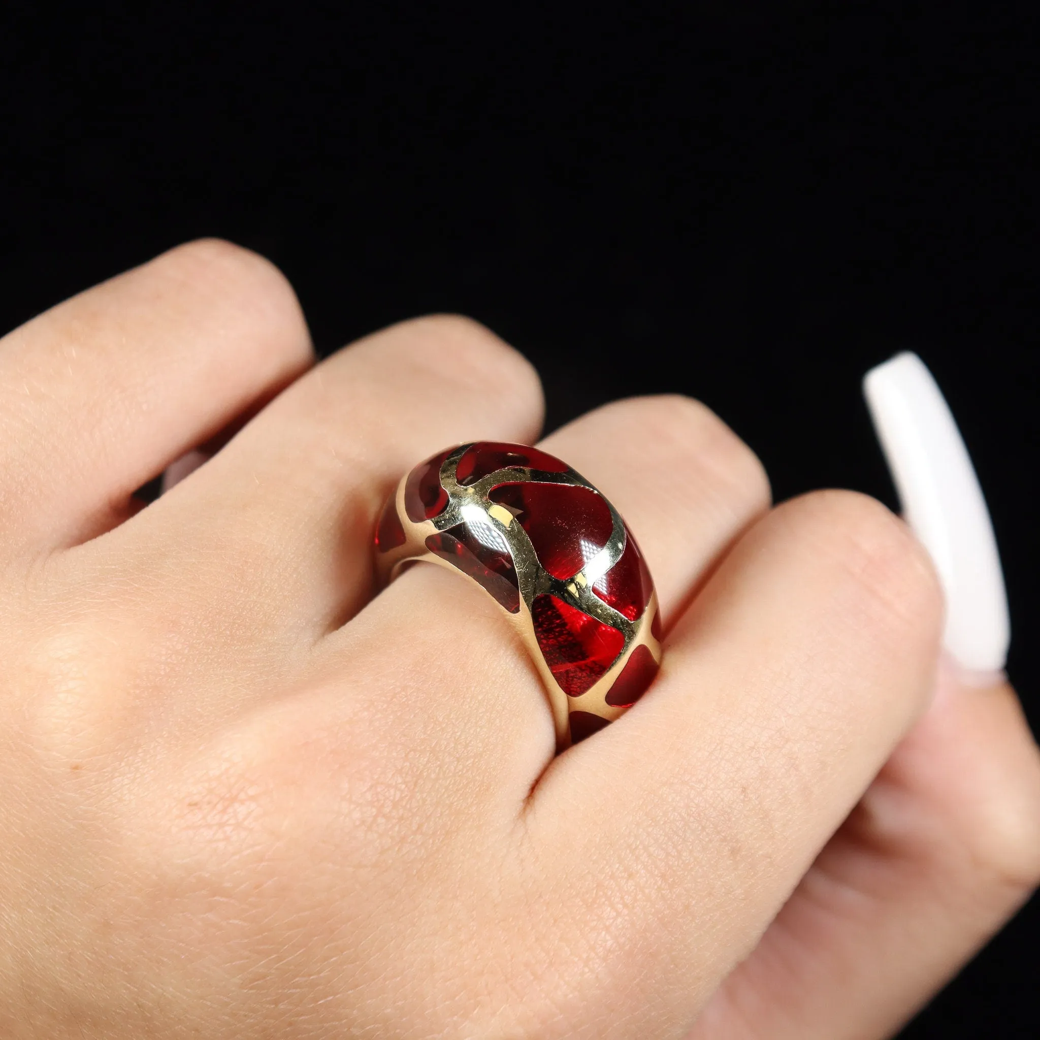 14k Yellow Gold Red Jade Cocktail Ring