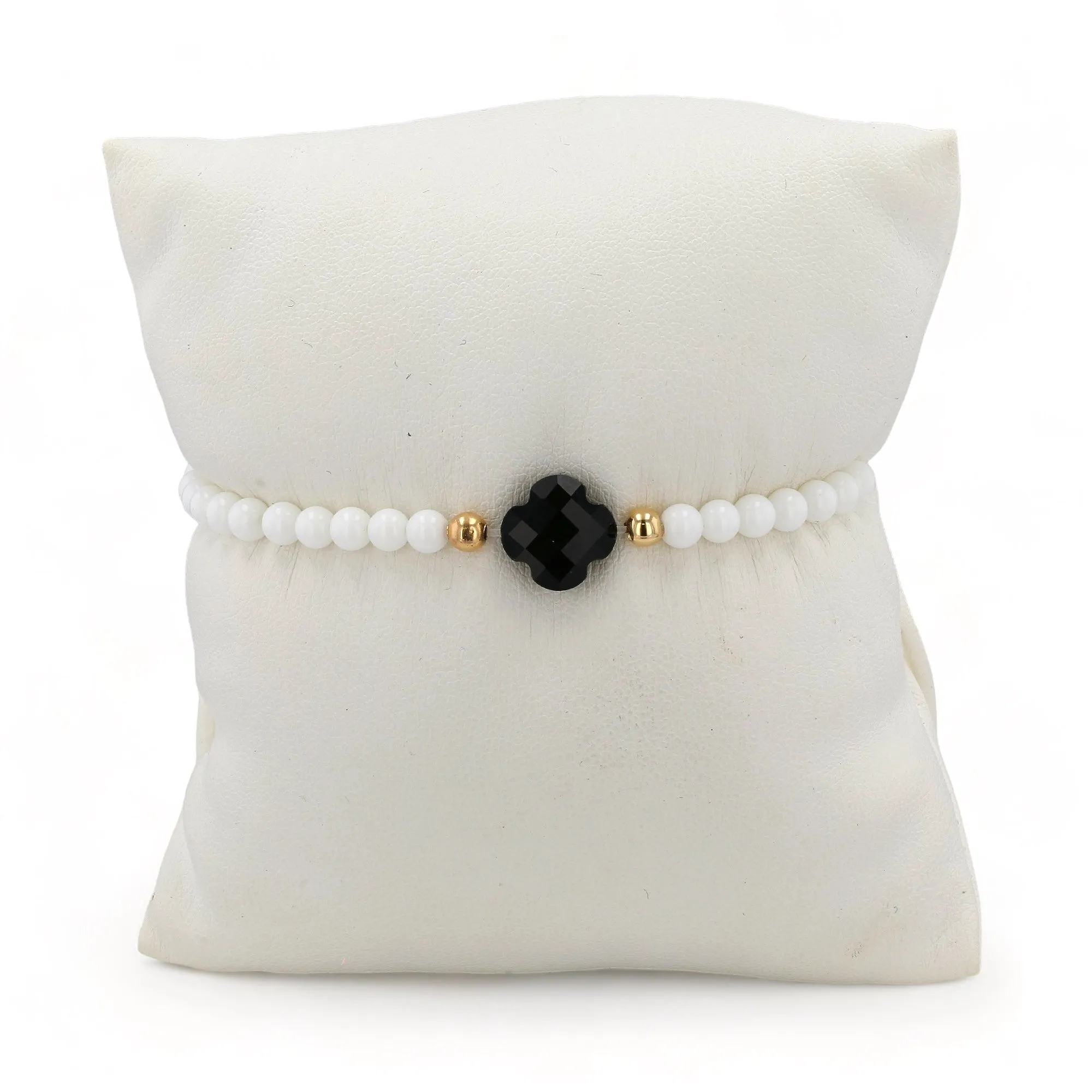 14K Yellow gold white agate onyx clover bracelet-637373