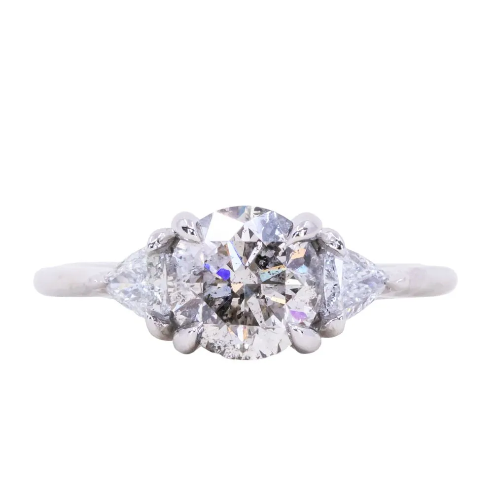 1.56ct Round Salt   Pepper Diamond and Diamond Trillion Low Profile Three Stone Ring in Platinum