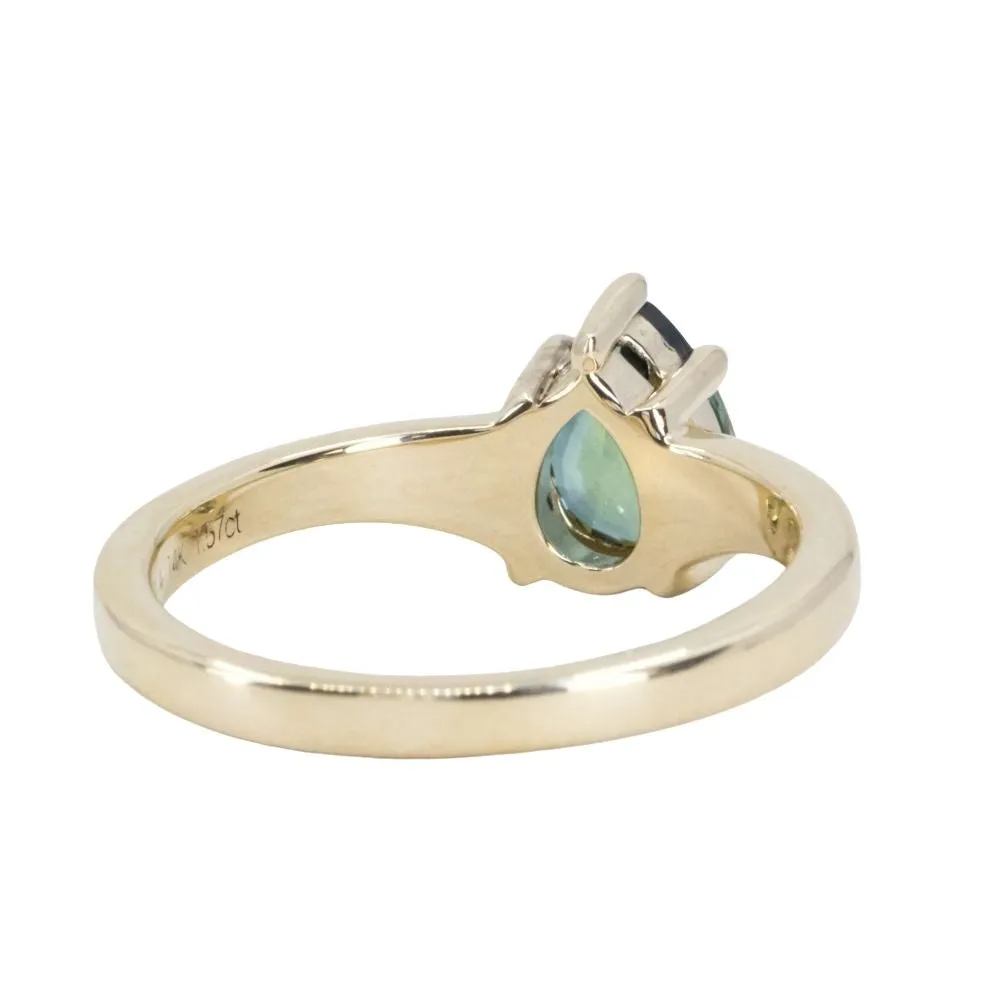 1.57ct Untreated Teal Pear Sapphire Low Profile 5 Prong Tapered Solitaire in 14k Yellow Gold