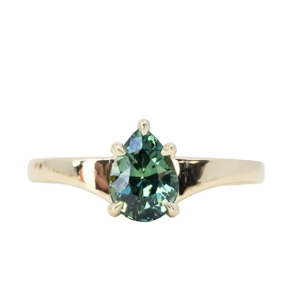 1.57ct Untreated Teal Pear Sapphire Low Profile 5 Prong Tapered Solitaire in 14k Yellow Gold