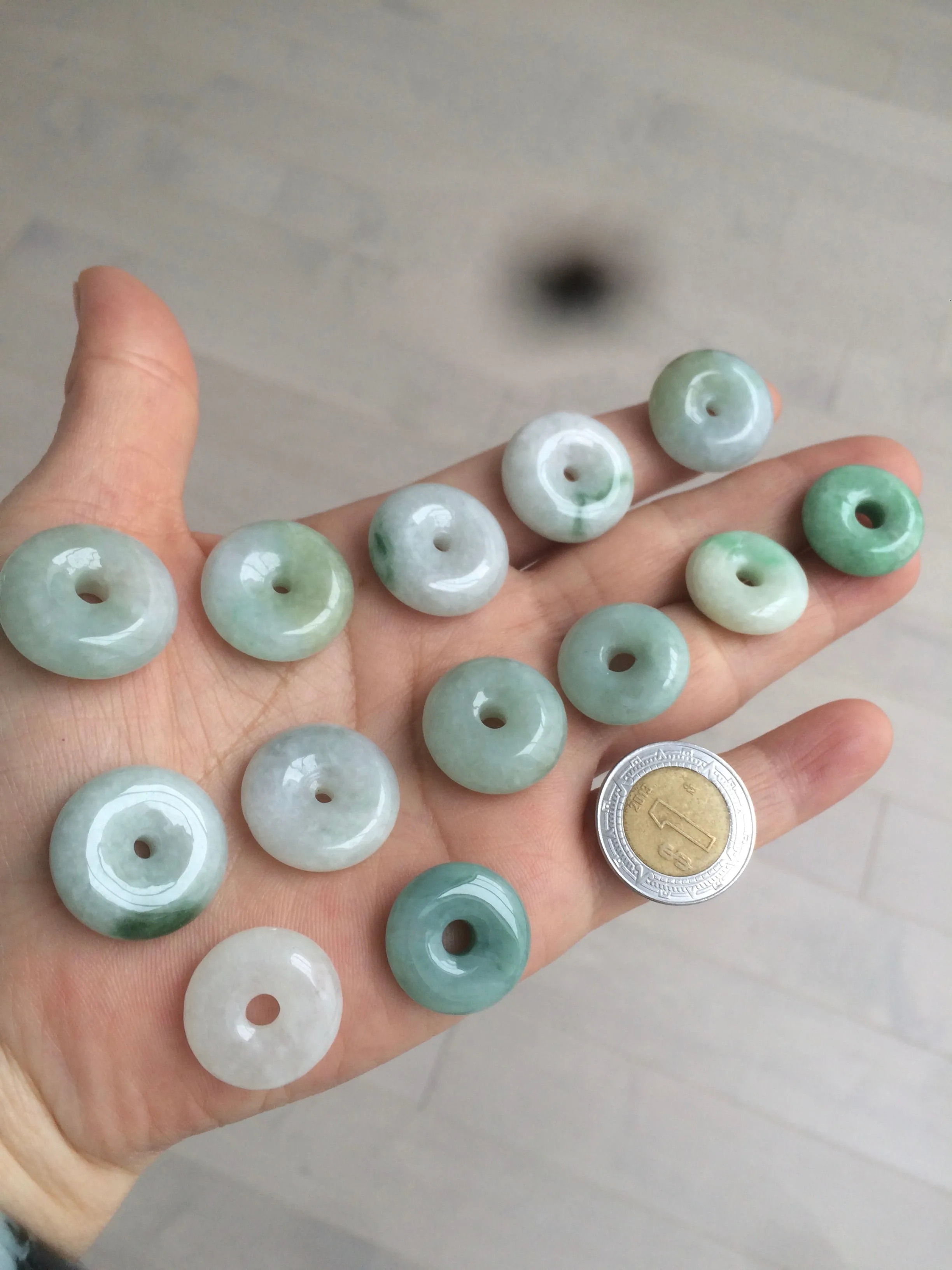 17.8-21mm Type A 100% Natural green/white Jadeite Jade Safety Guardian Button donut Pendant group AD33