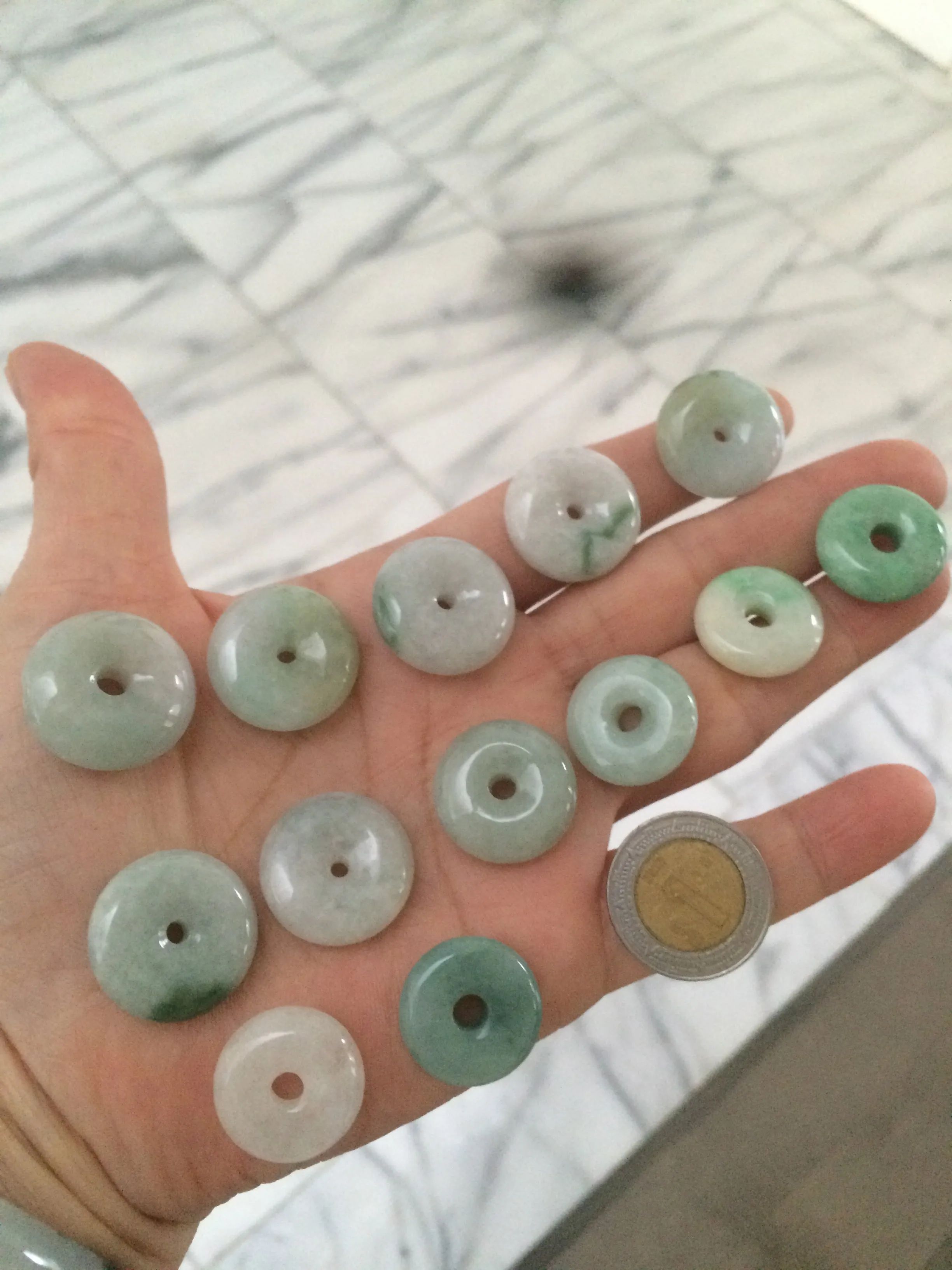 17.8-21mm Type A 100% Natural green/white Jadeite Jade Safety Guardian Button donut Pendant group AD33