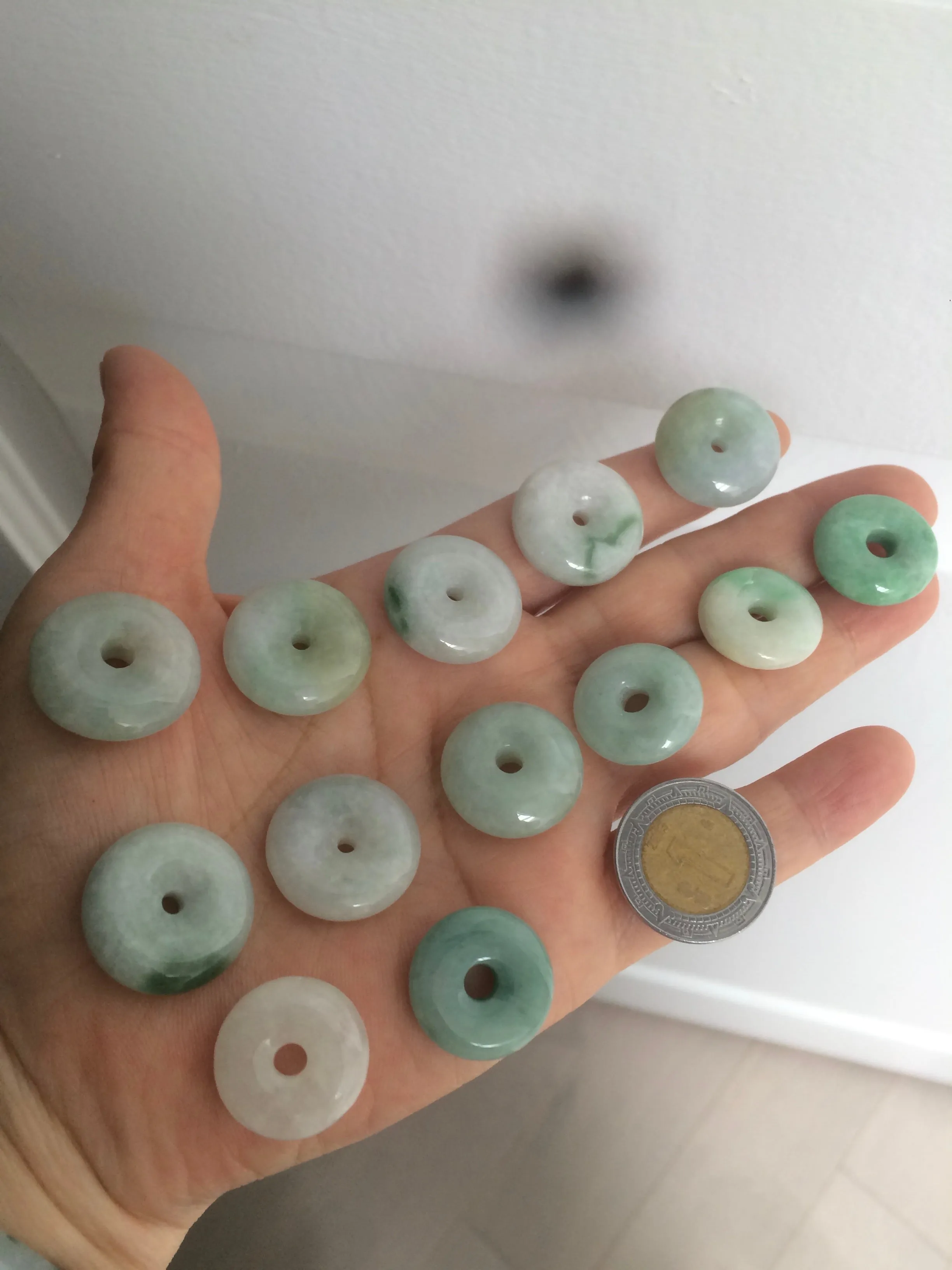 17.8-21mm Type A 100% Natural green/white Jadeite Jade Safety Guardian Button donut Pendant group AD33