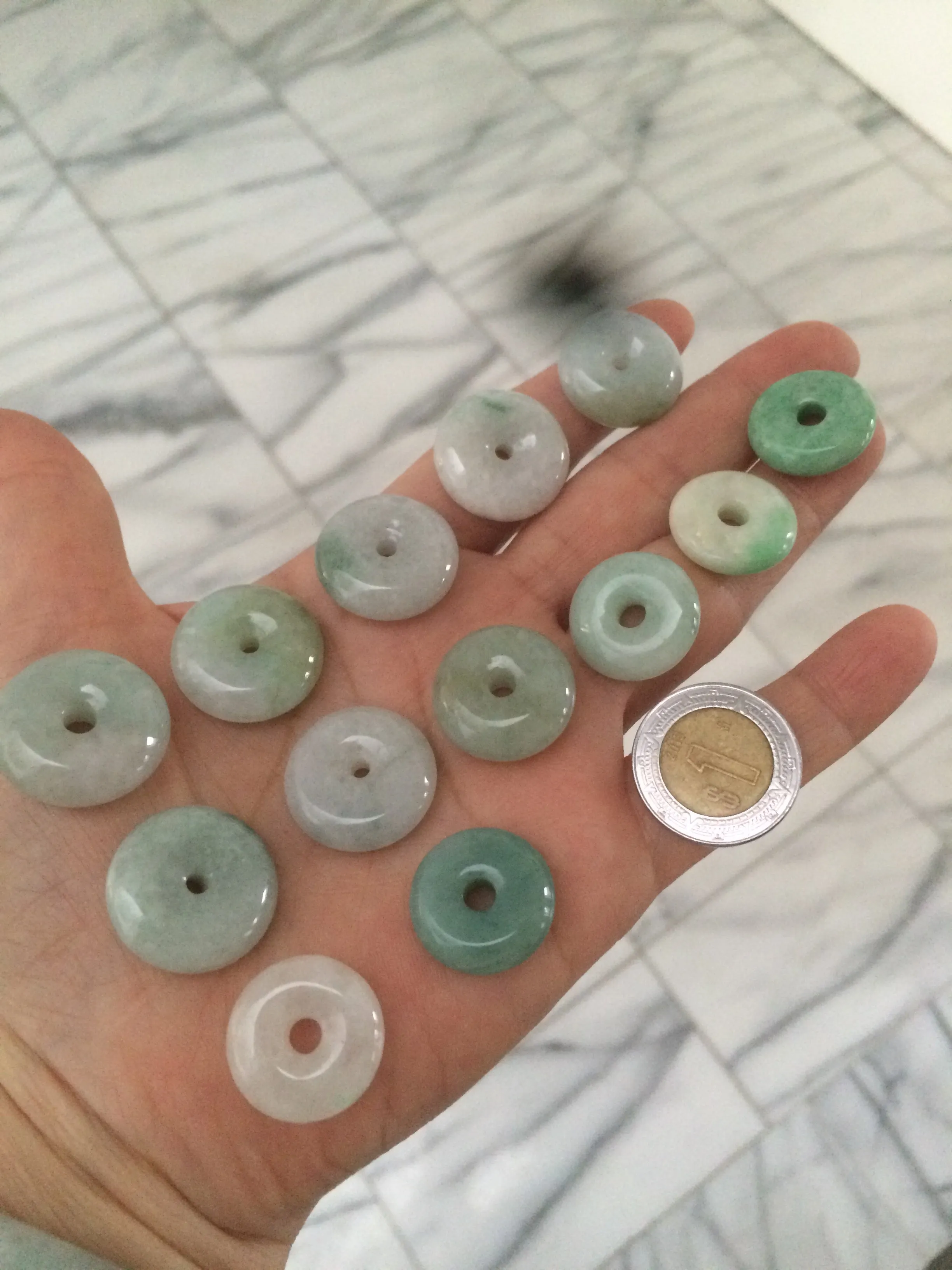 17.8-21mm Type A 100% Natural green/white Jadeite Jade Safety Guardian Button donut Pendant group AD33