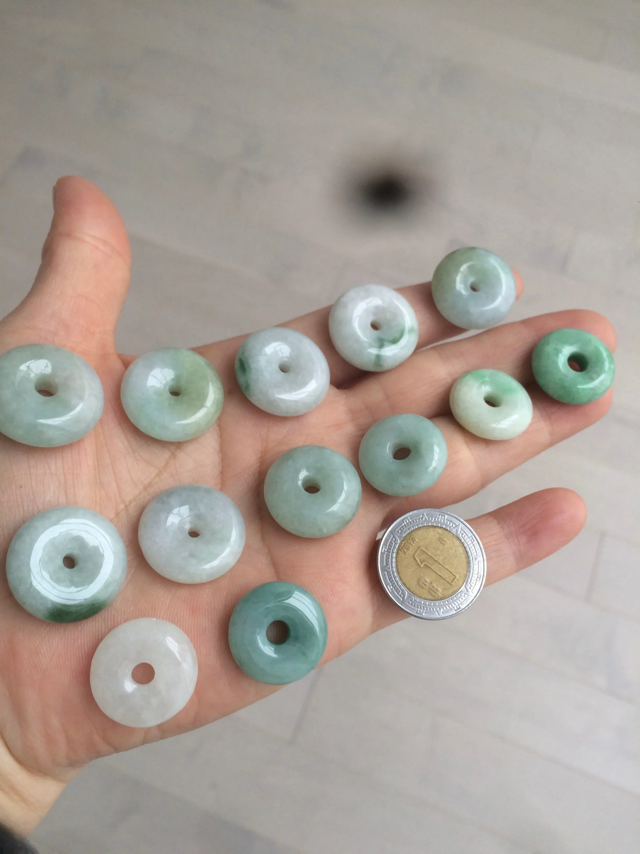 17.8-21mm Type A 100% Natural green/white Jadeite Jade Safety Guardian Button donut Pendant group AD33