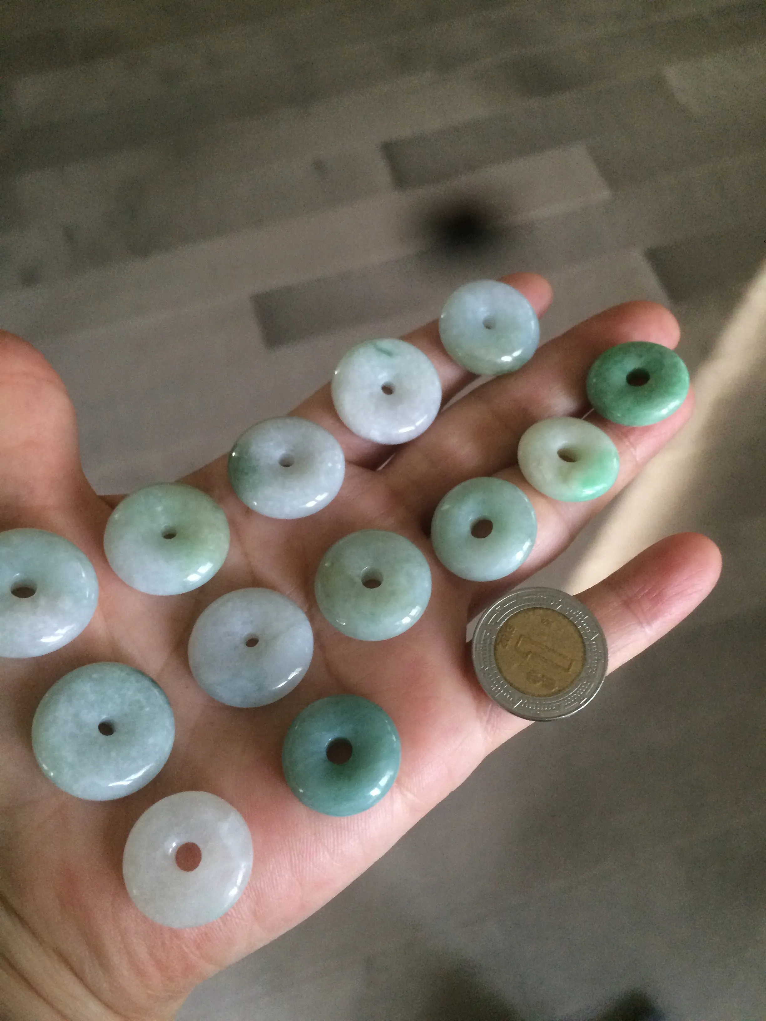 17.8-21mm Type A 100% Natural green/white Jadeite Jade Safety Guardian Button donut Pendant group AD33