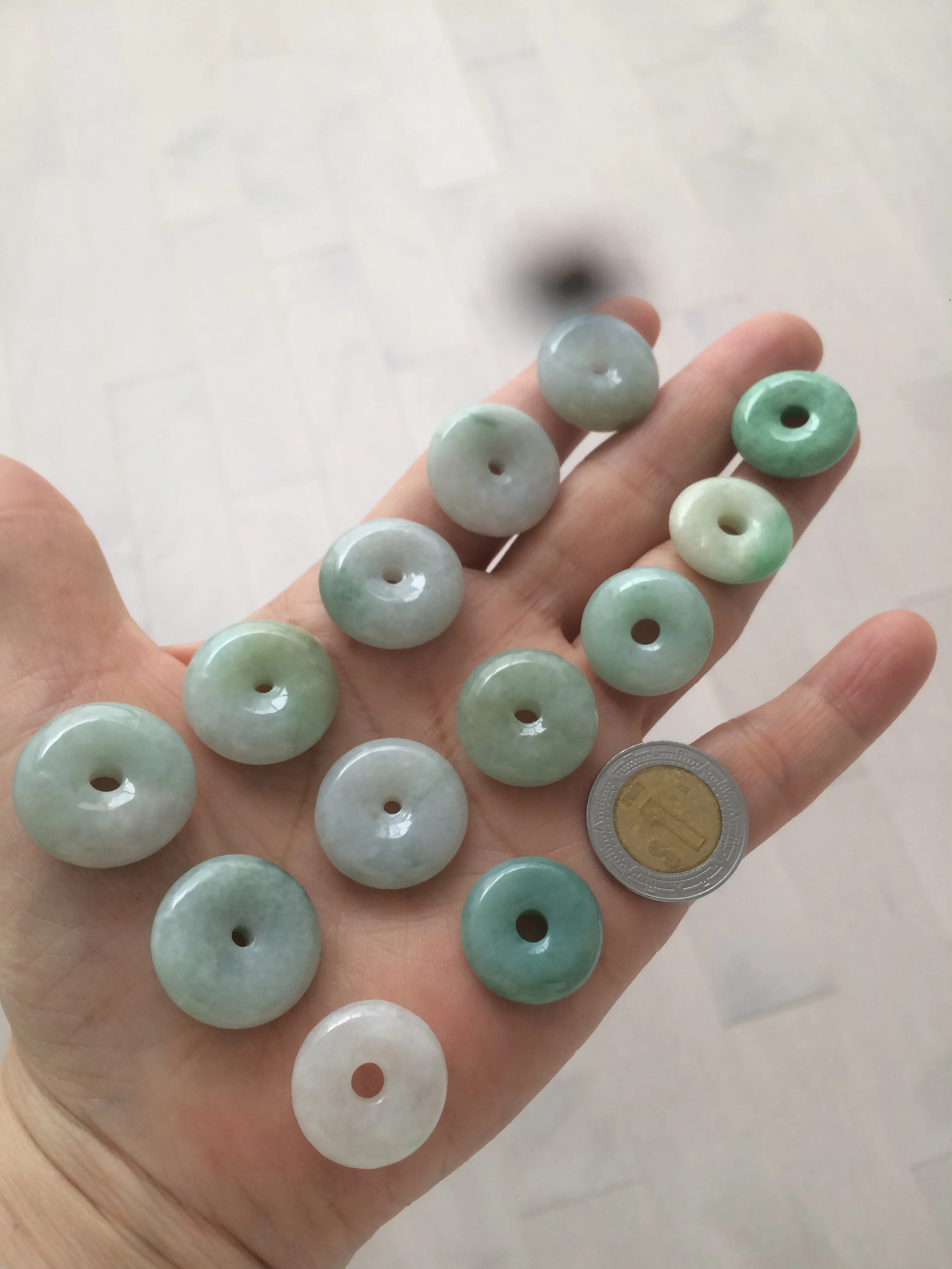 17.8-21mm Type A 100% Natural green/white Jadeite Jade Safety Guardian Button donut Pendant group AD33