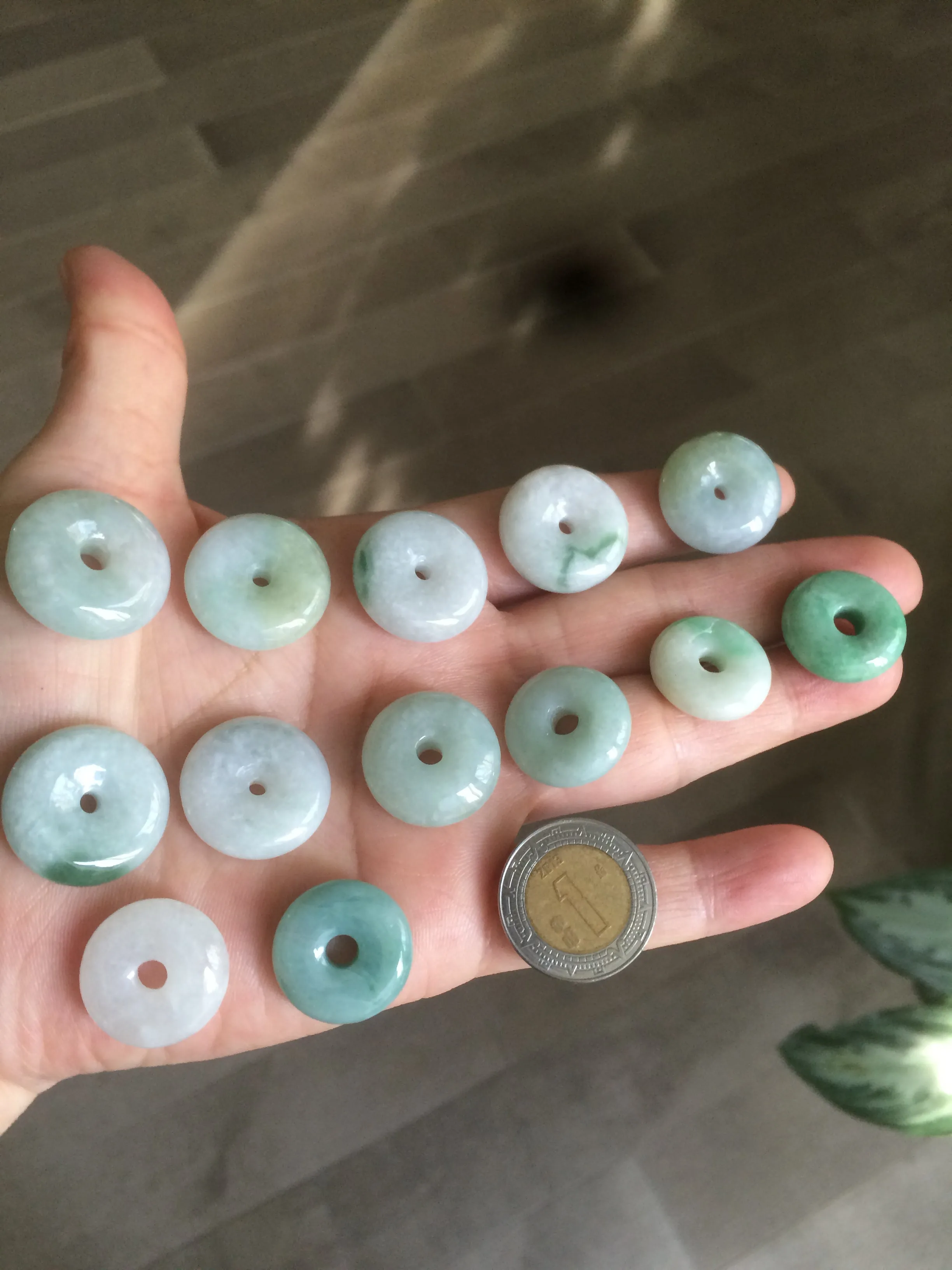 17.8-21mm Type A 100% Natural green/white Jadeite Jade Safety Guardian Button donut Pendant group AD33