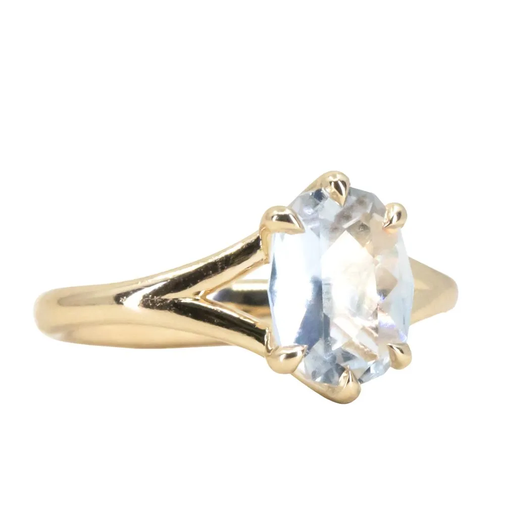 1.82ct White Oval Brilliant Sapphire Low Profile Six Prong Split Shank Solitaire in 14k Yellow Gold