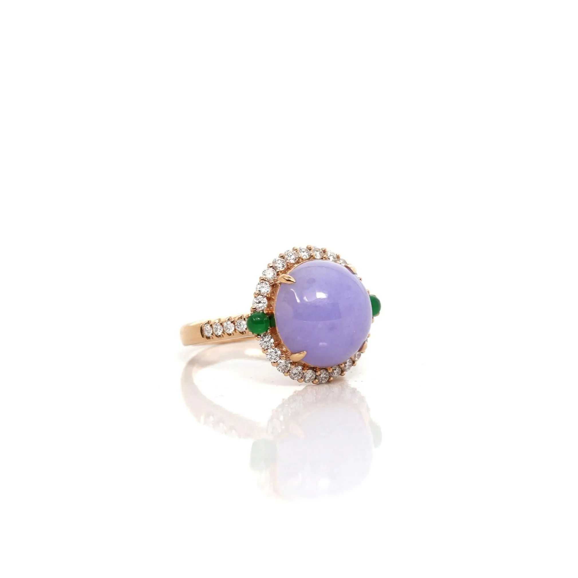 18k Rose Gold Natural Rich Lavender Oval Jadeite Jade Engagement Ring With Diamonds