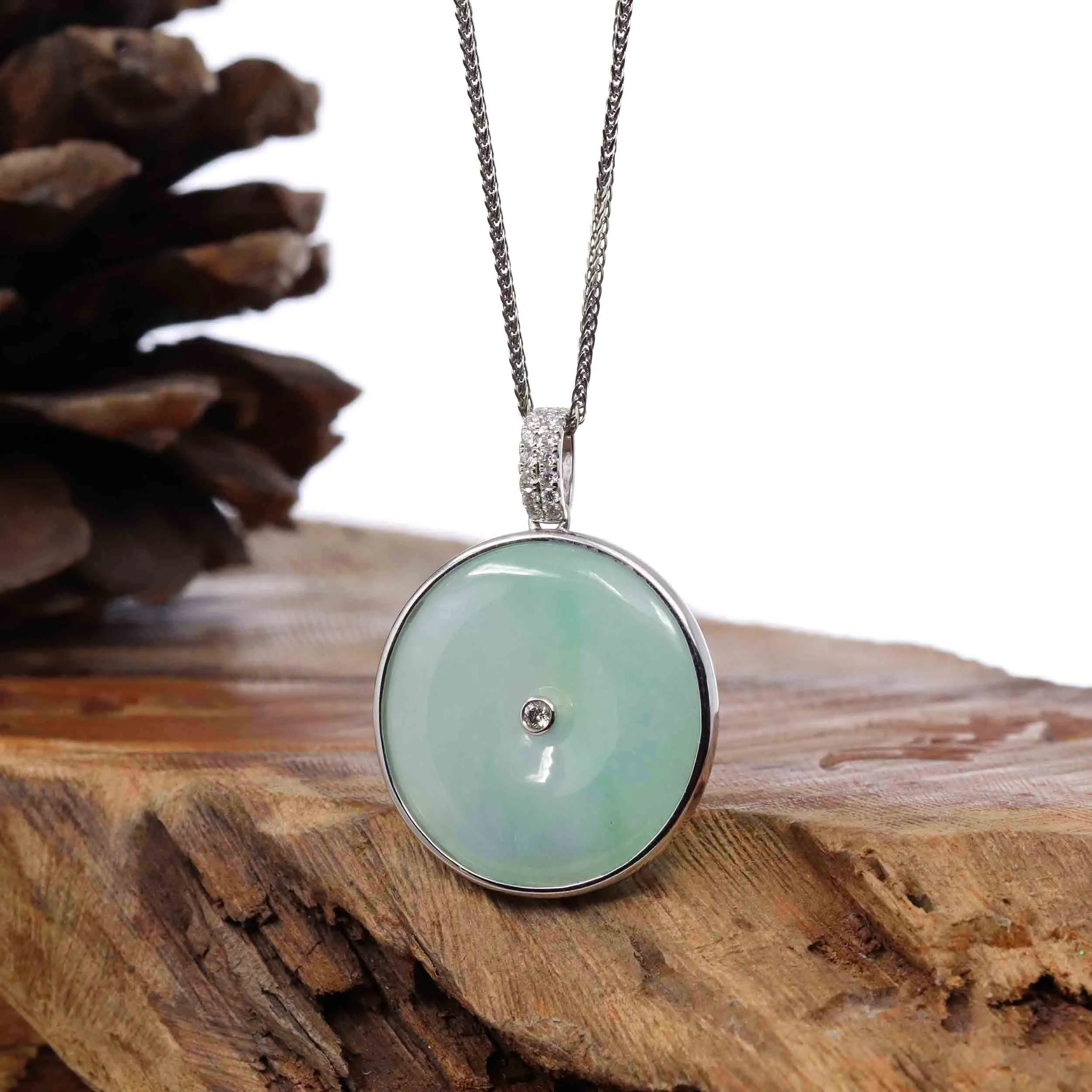 18K White Gold "Good Luck Button" Necklace Ice Green Jadeite Jade Pendant Necklace