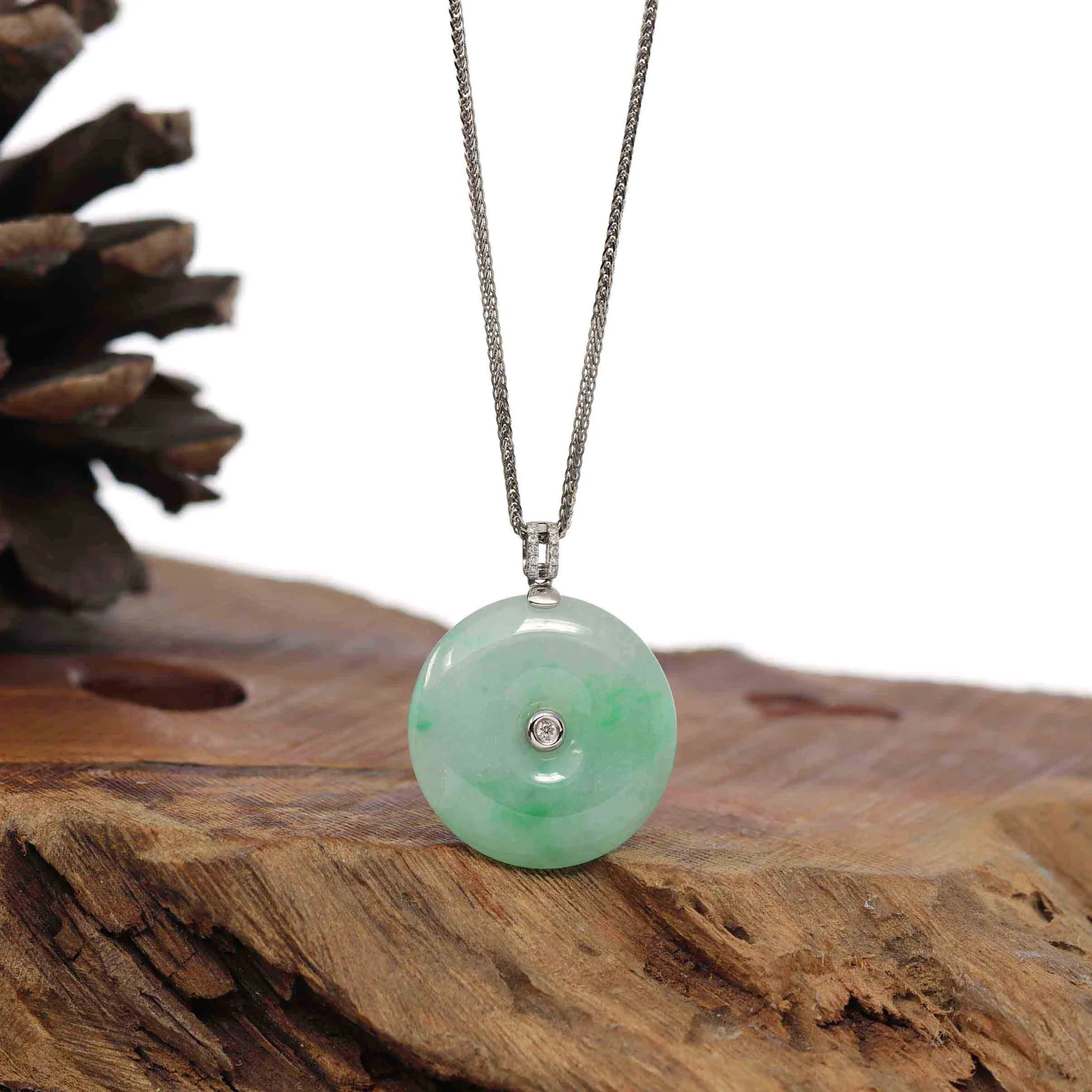 18K White Gold "Good Luck Button" Necklace Ice Green Jadeite Jade Pendant Necklace