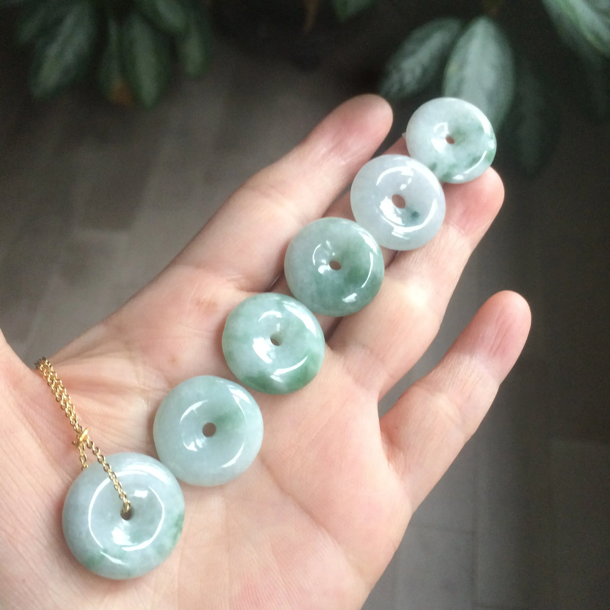 19-22mm Type A 100% Natural green/white (green floating flower) Jadeite Jade Safety Guardian Button donut Pendant group AC23