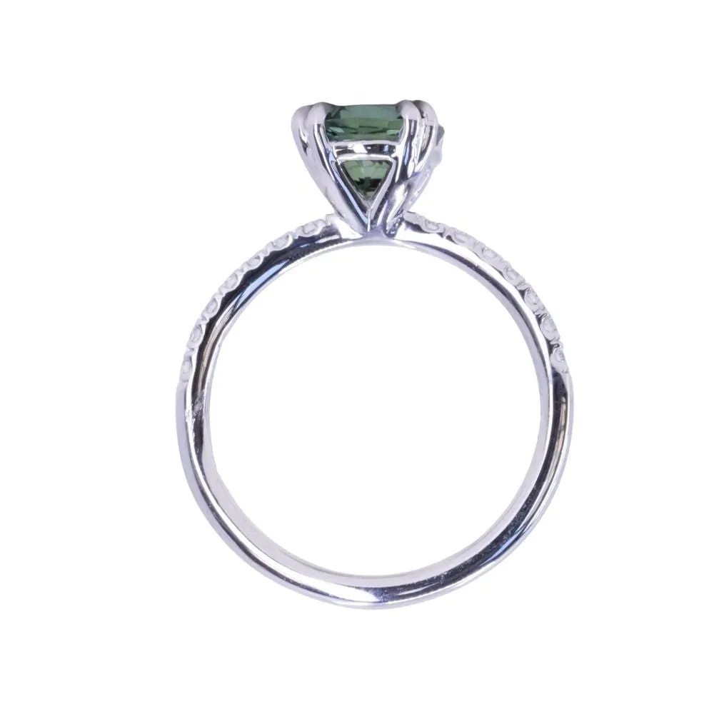 2.04ct Round Teal Sapphire Double Prong Solitaire with French Set Diamonds in Platinum