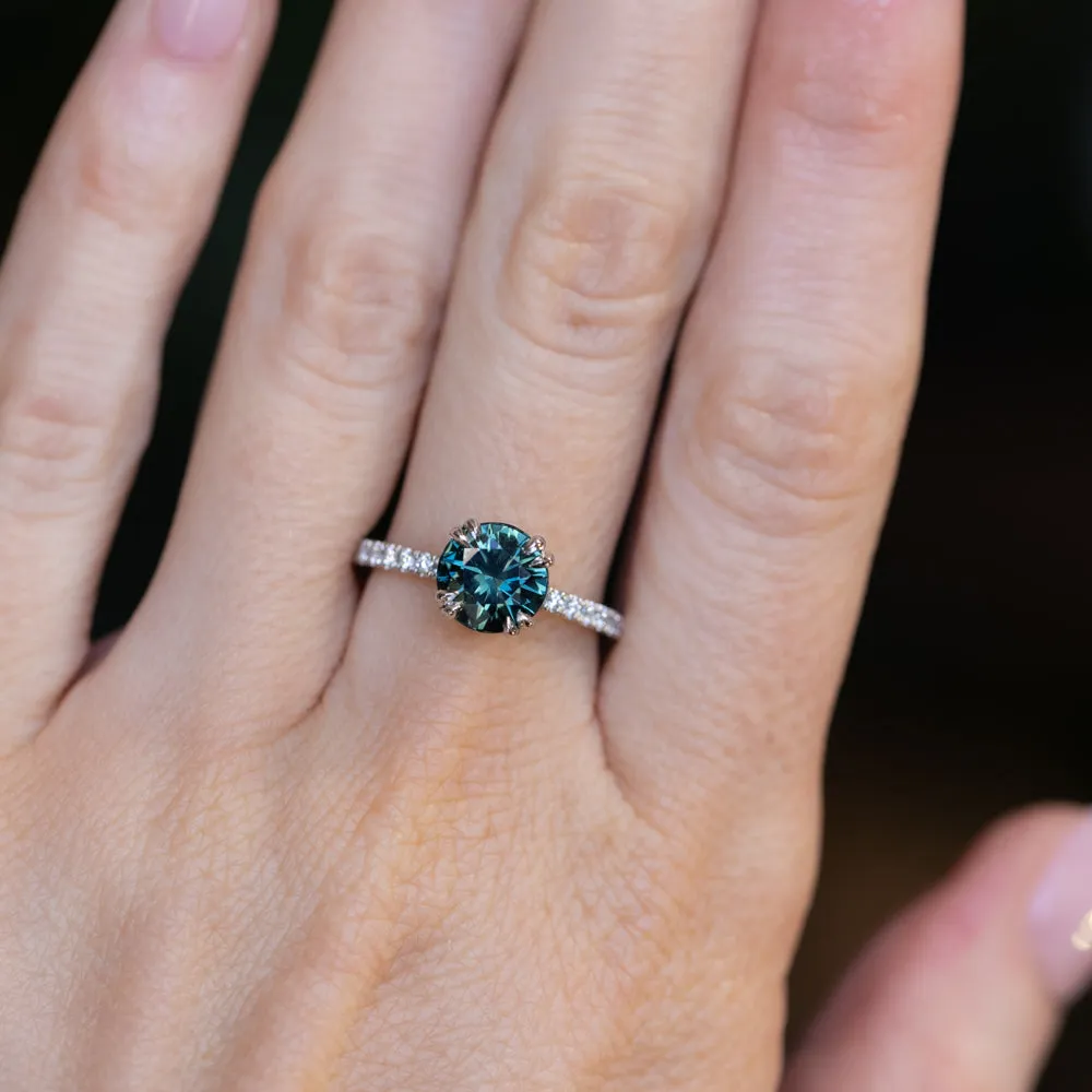 2.04ct Round Teal Sapphire Double Prong Solitaire with French Set Diamonds in Platinum