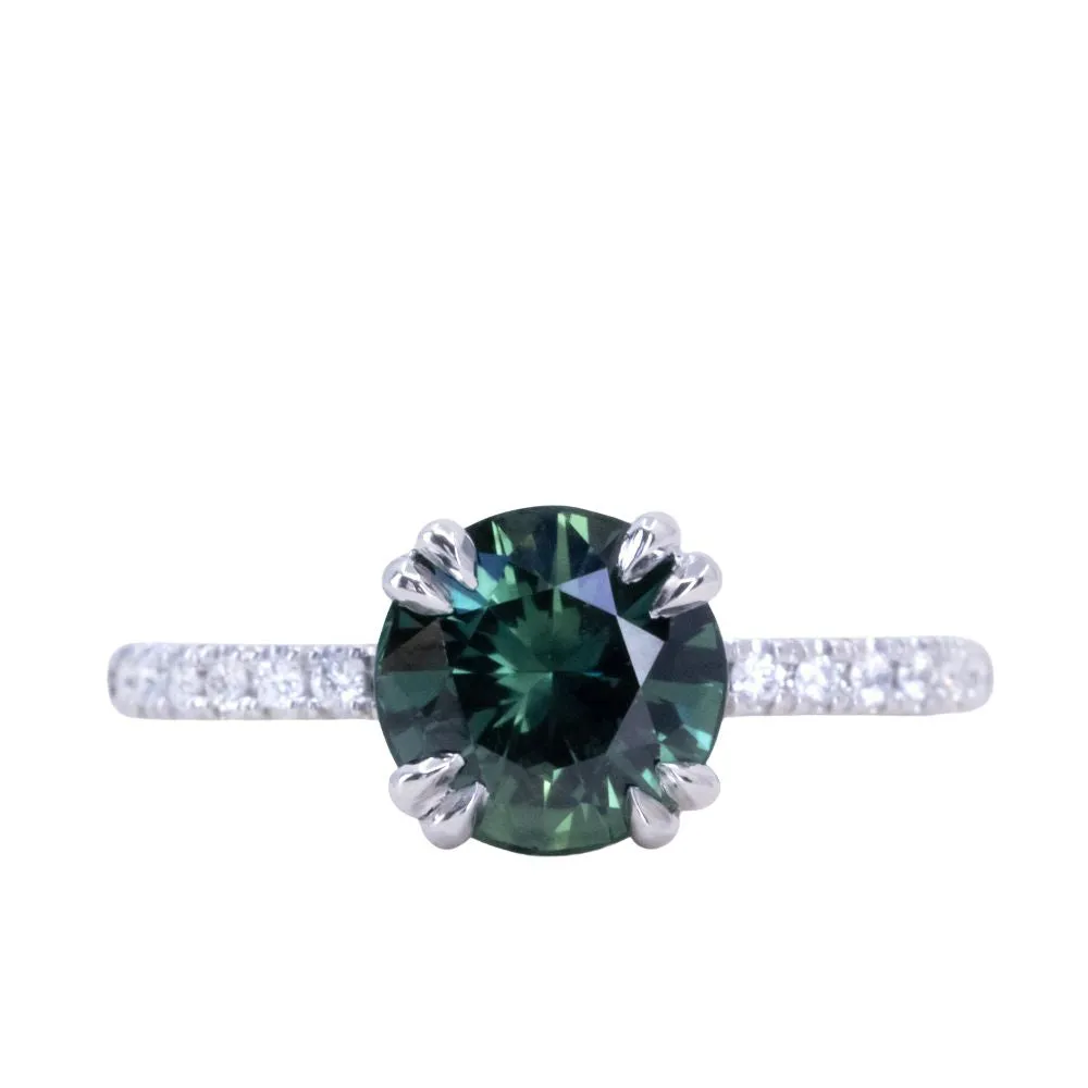 2.04ct Round Teal Sapphire Double Prong Solitaire with French Set Diamonds in Platinum